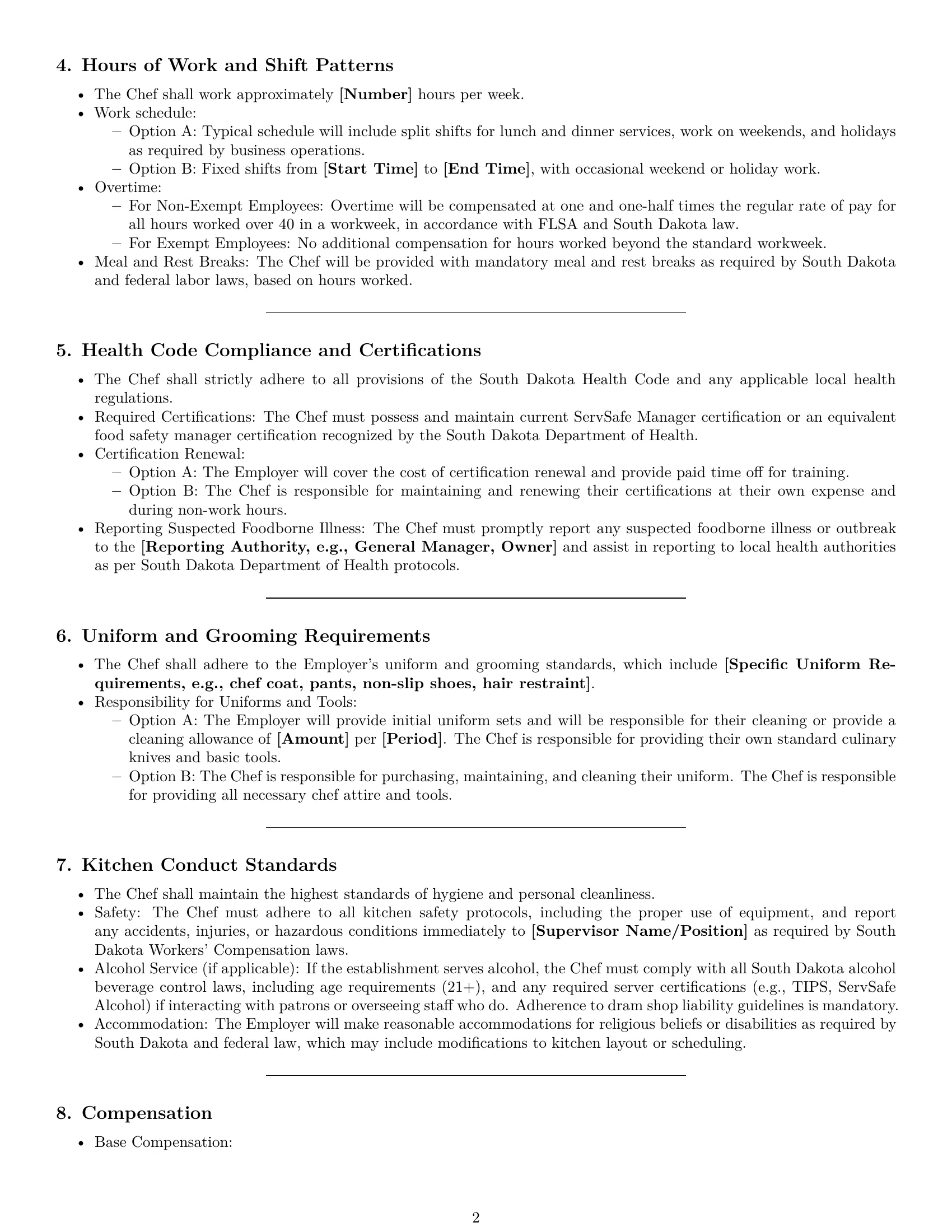 Preview page 2 of Pro South Dakota chef employment contract template