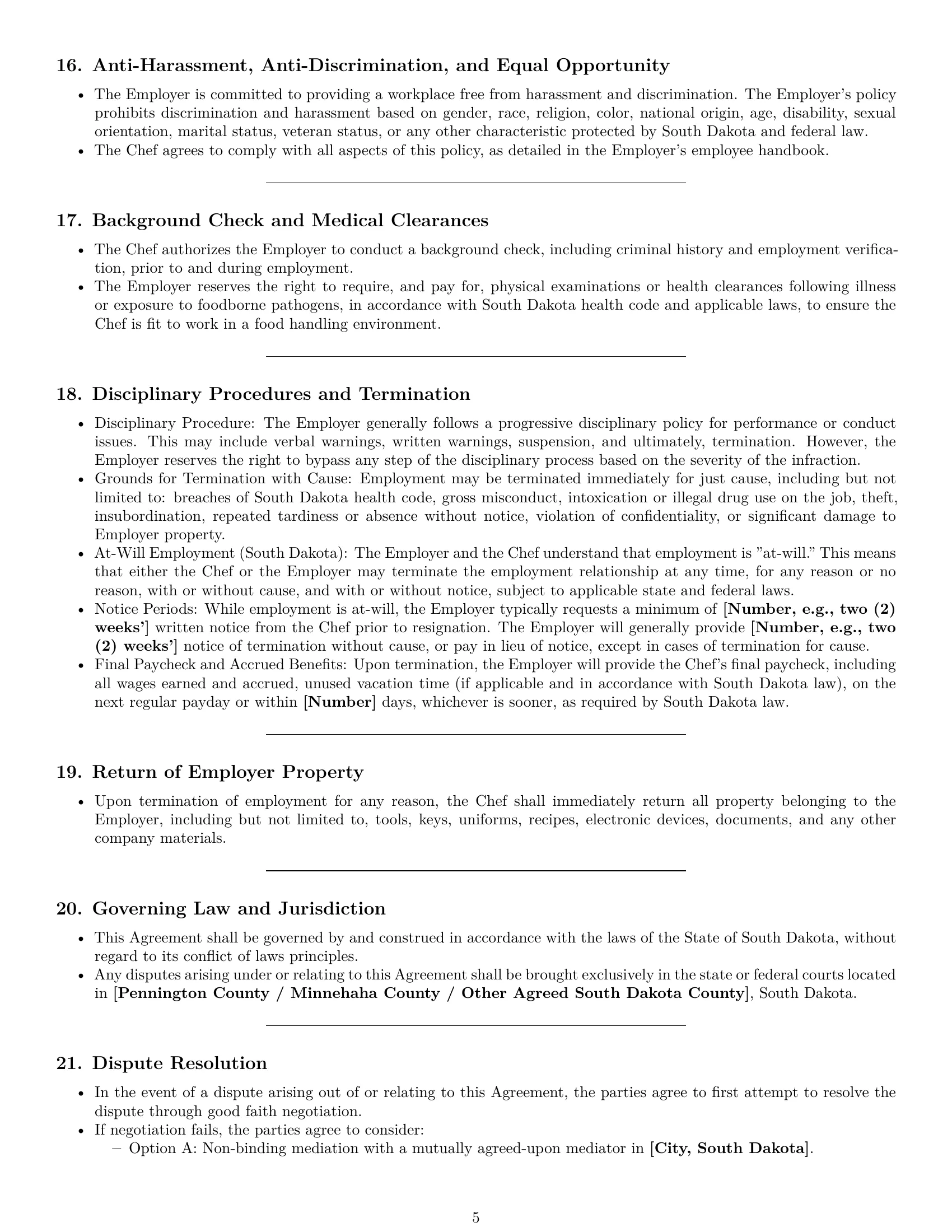Preview page 5 of Pro South Dakota chef employment contract template