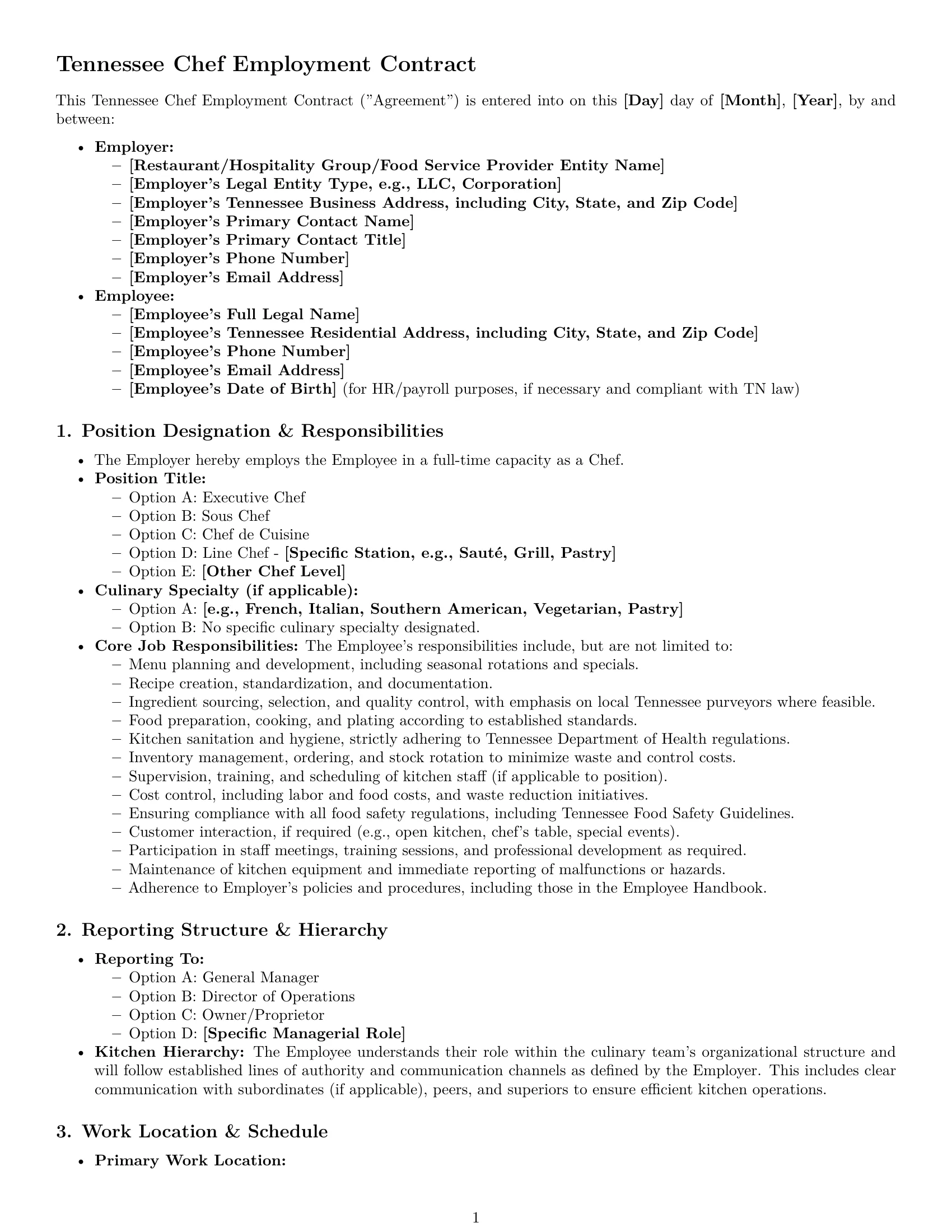 Preview page 1 of Pro Tennessee chef employment contract template