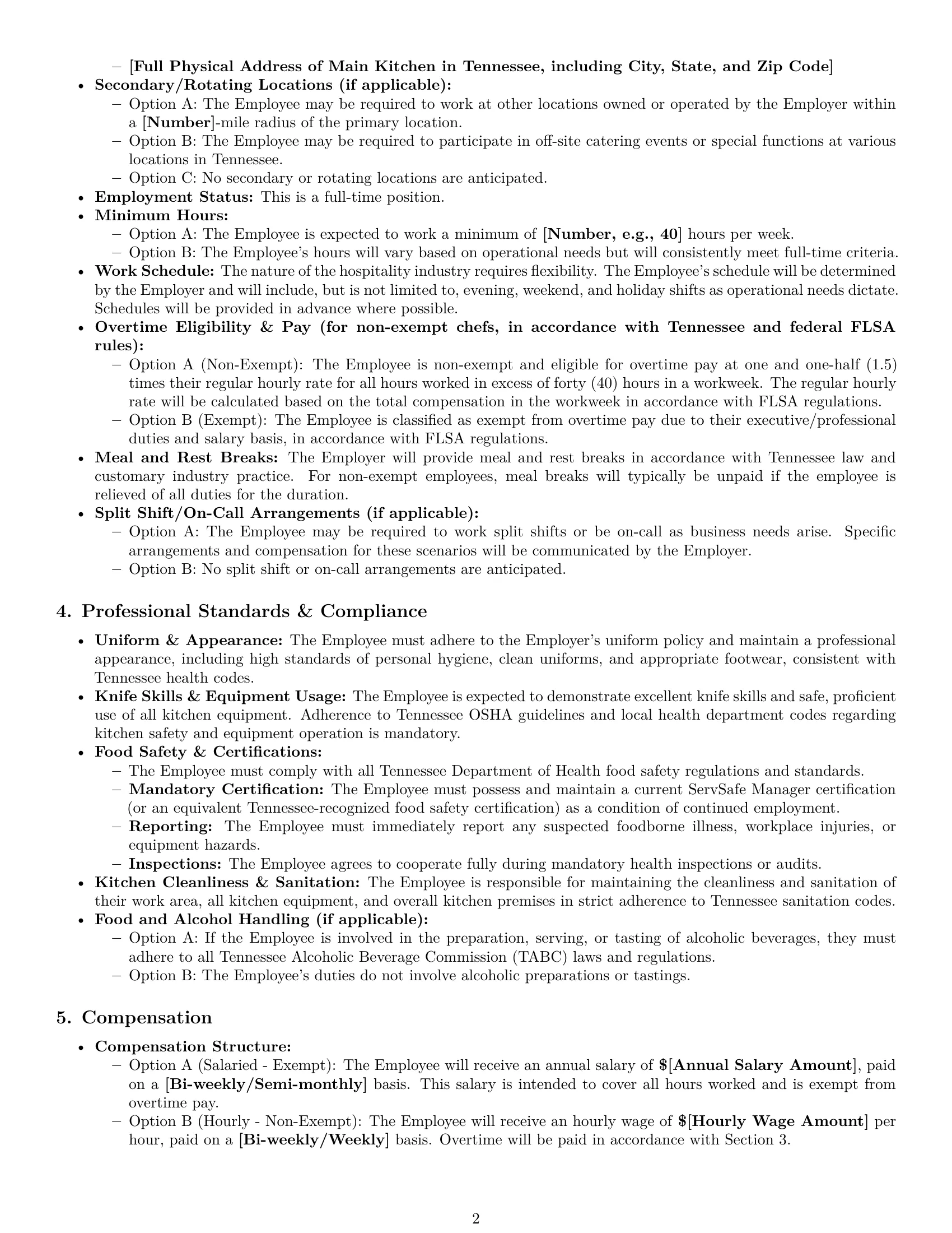 Preview page 2 of Pro Tennessee chef employment contract template