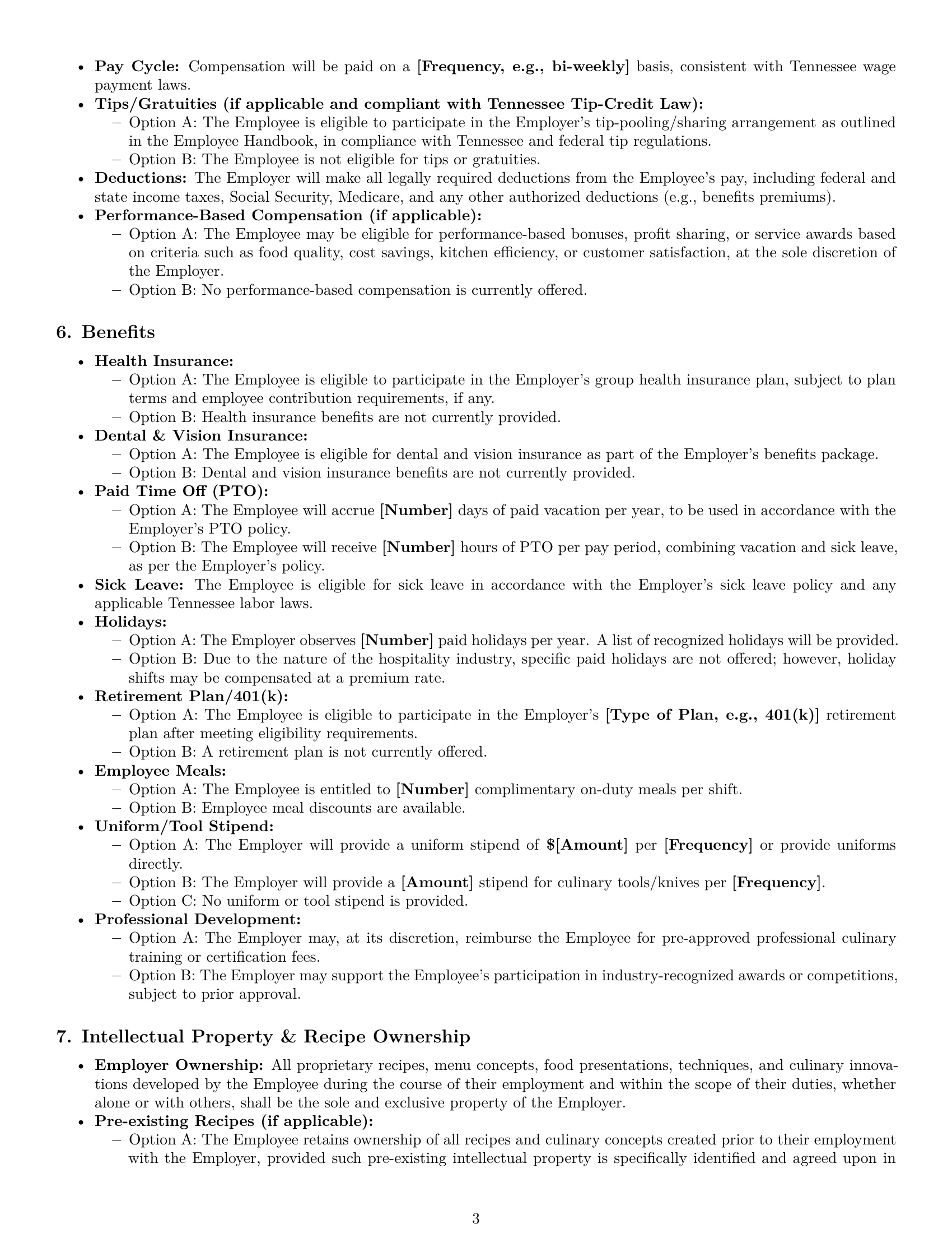 Preview page 3 of Pro Tennessee chef employment contract template