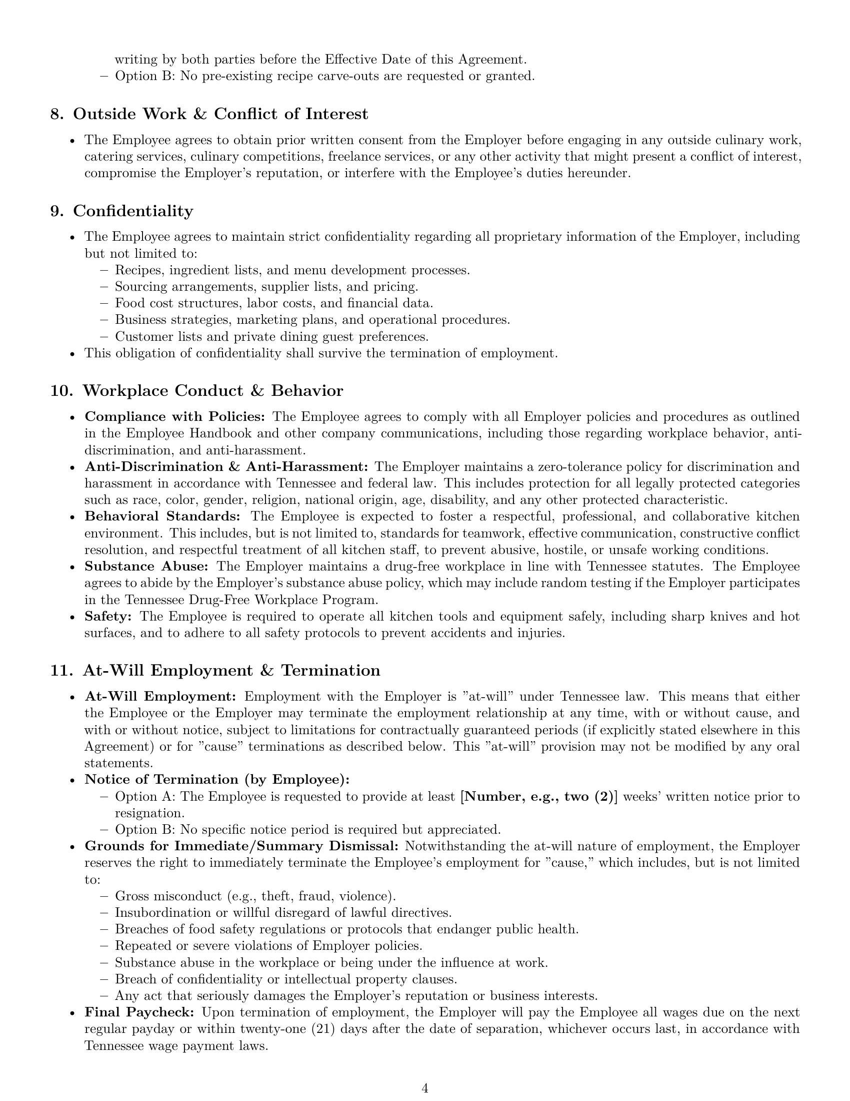 Preview page 4 of Pro Tennessee chef employment contract template