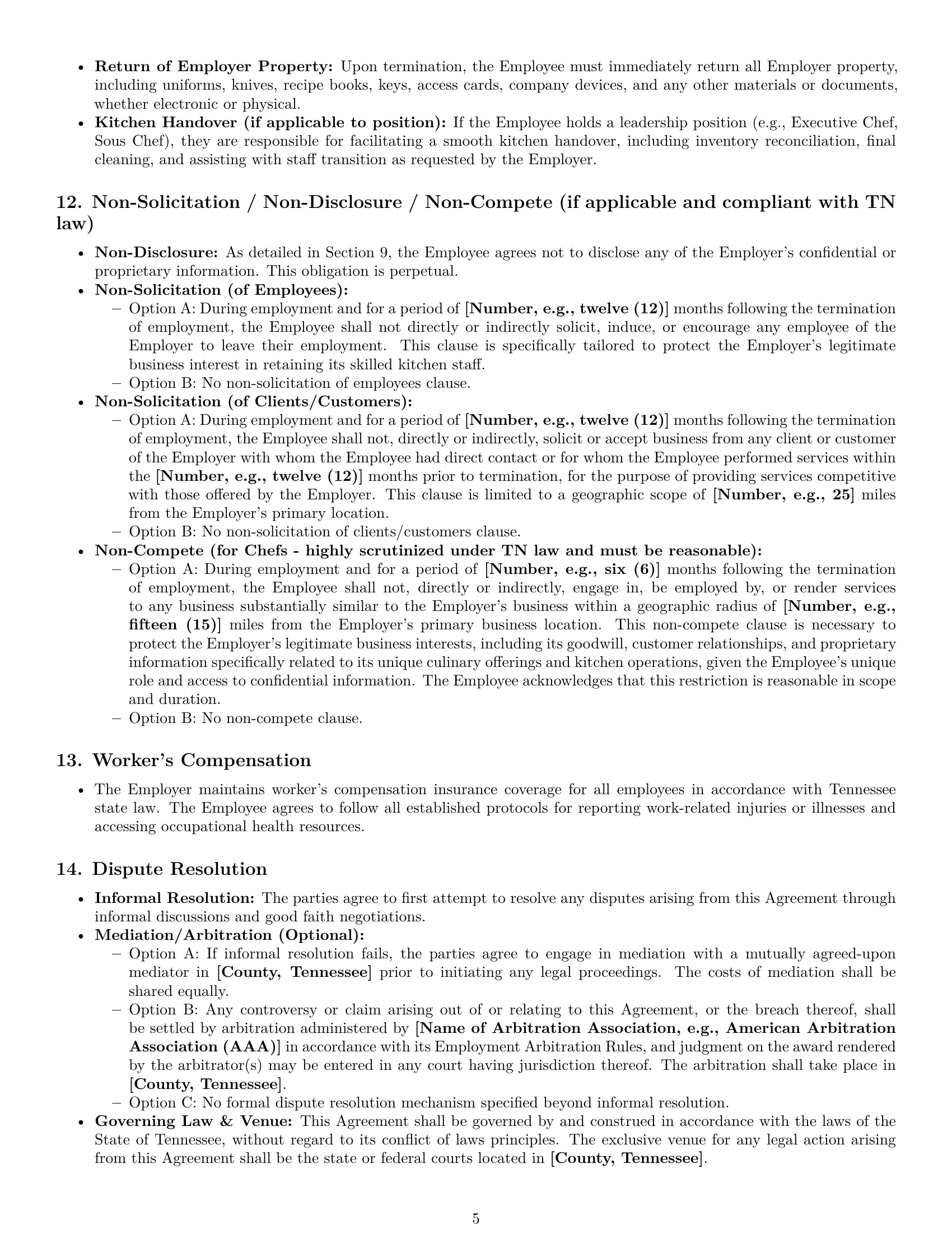 Preview page 5 of Pro Tennessee chef employment contract template