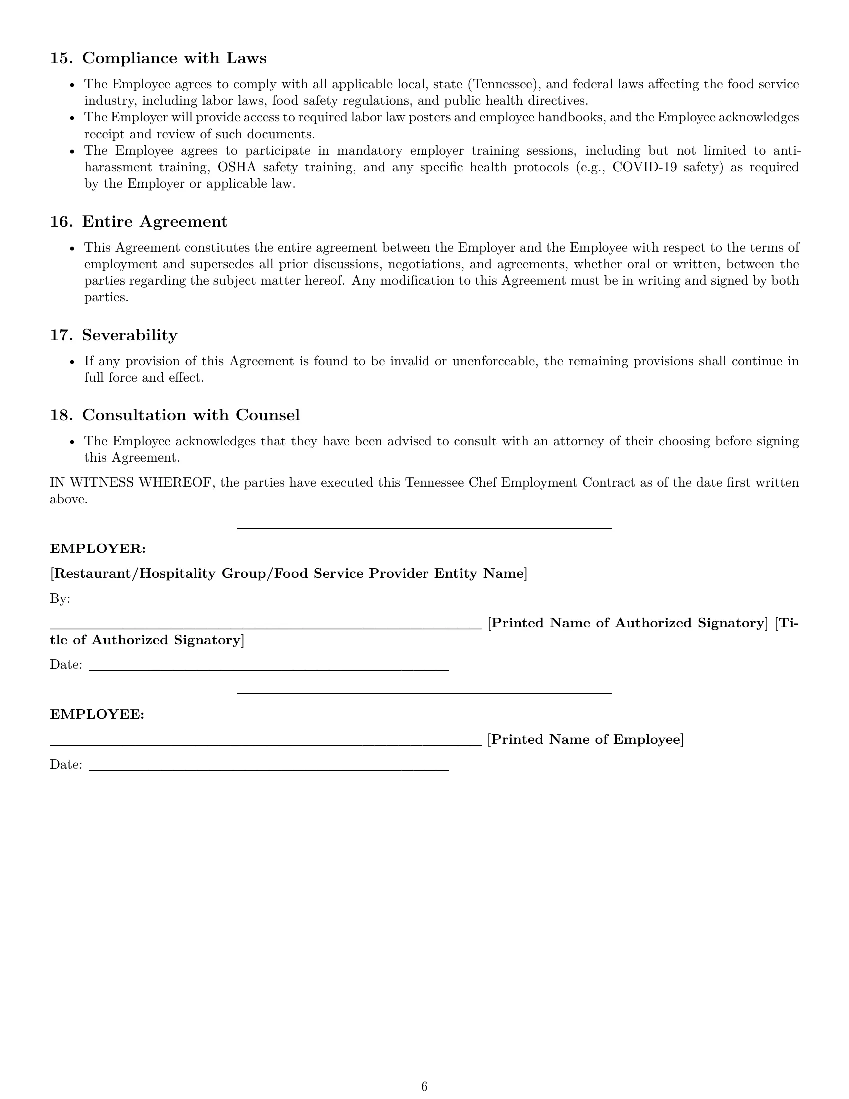 Preview page 6 of Pro Tennessee chef employment contract template