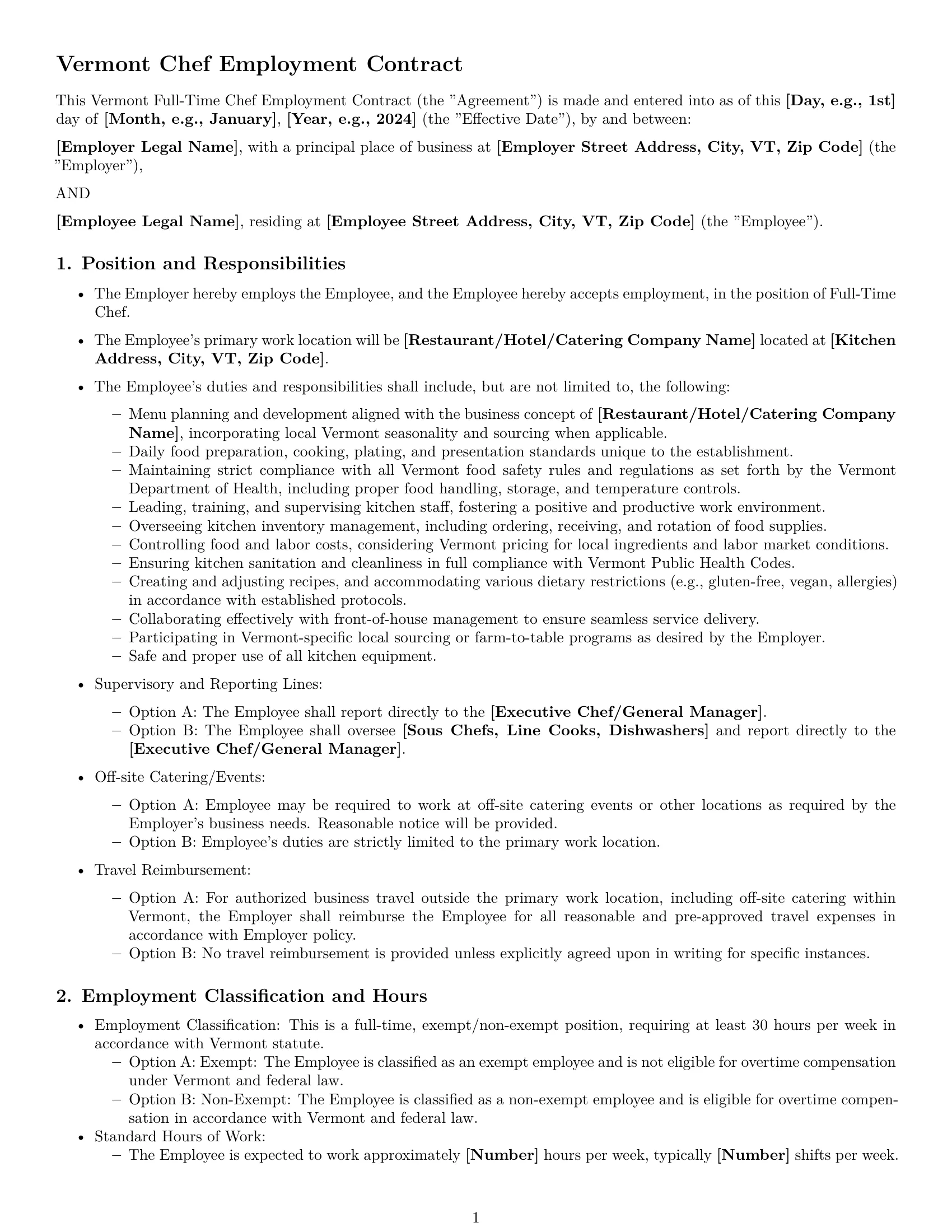 Preview page 1 of Pro Vermont chef employment contract template