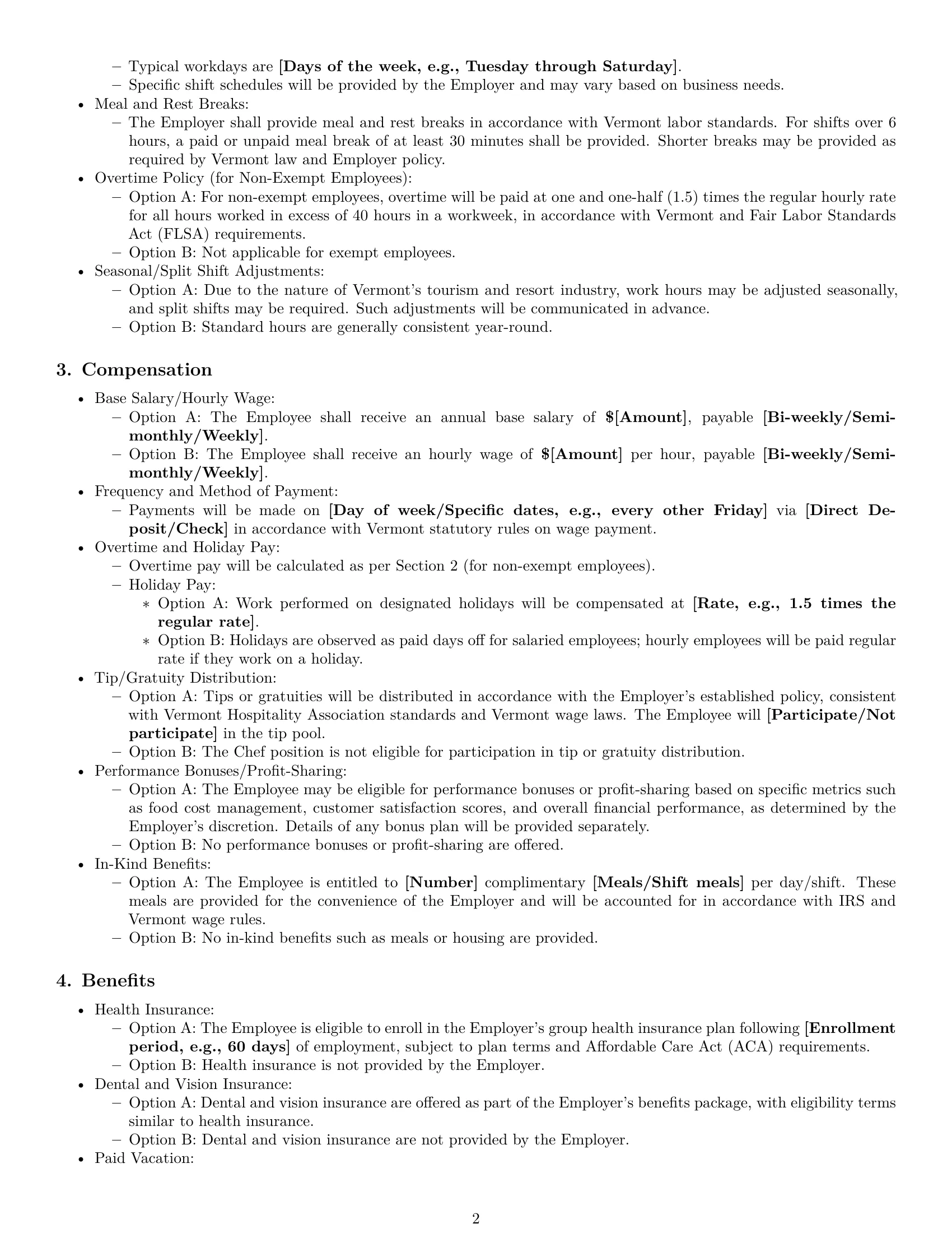 Preview page 2 of Pro Vermont chef employment contract template
