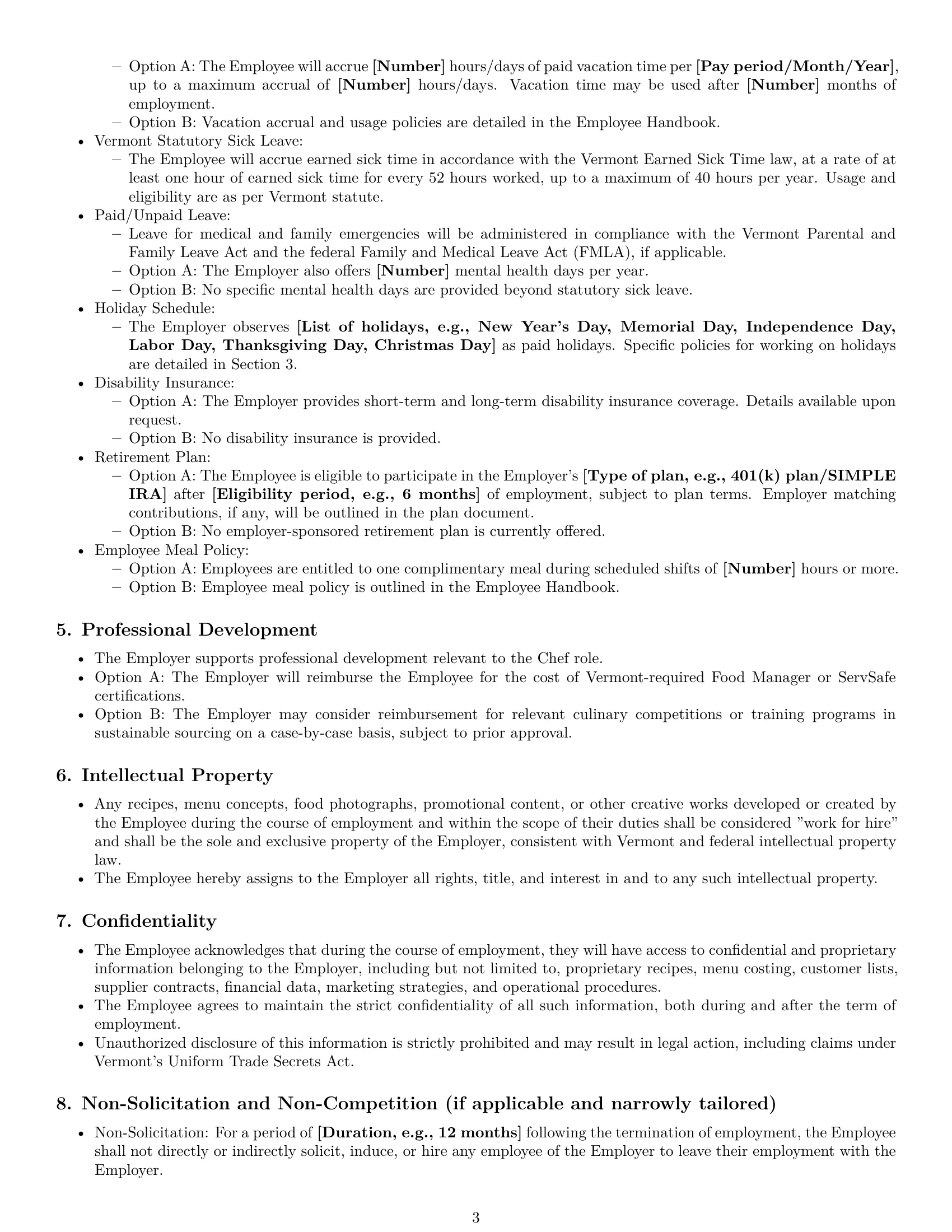 Preview page 3 of Pro Vermont chef employment contract template