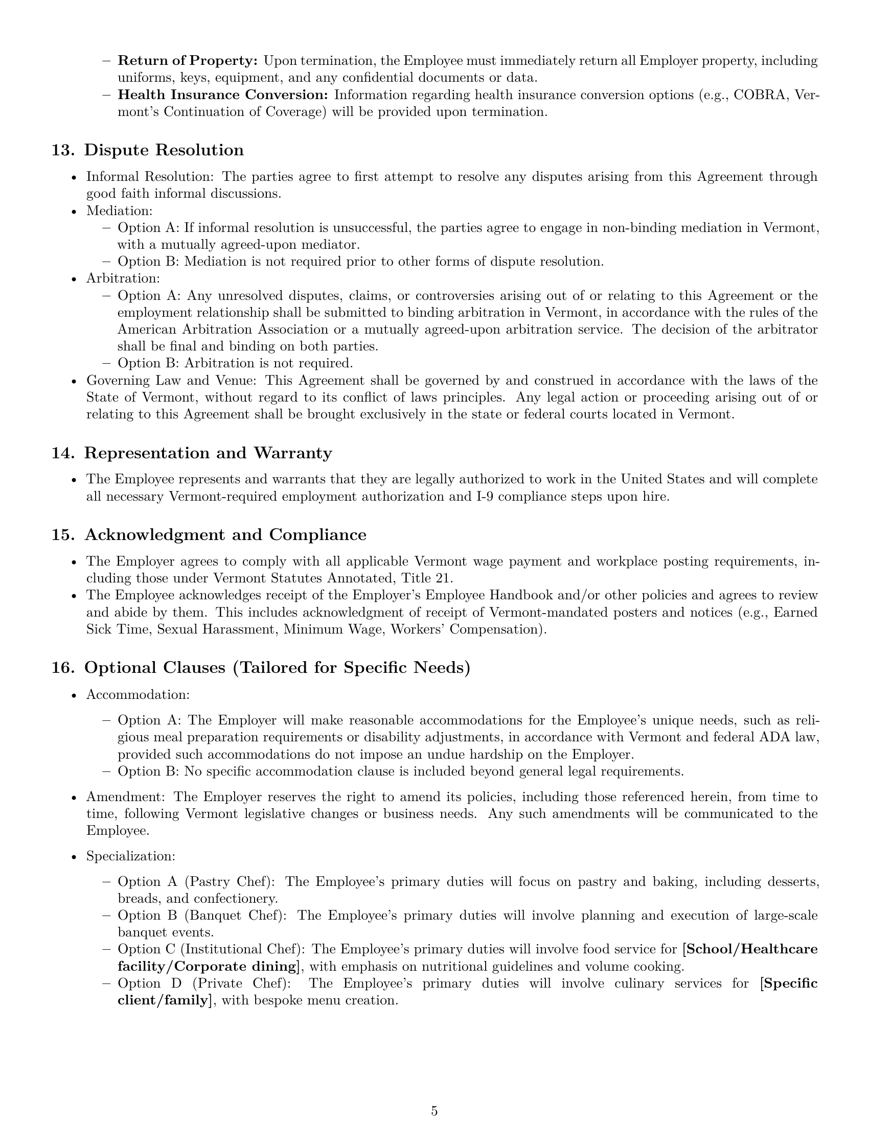 Preview page 5 of Pro Vermont chef employment contract template