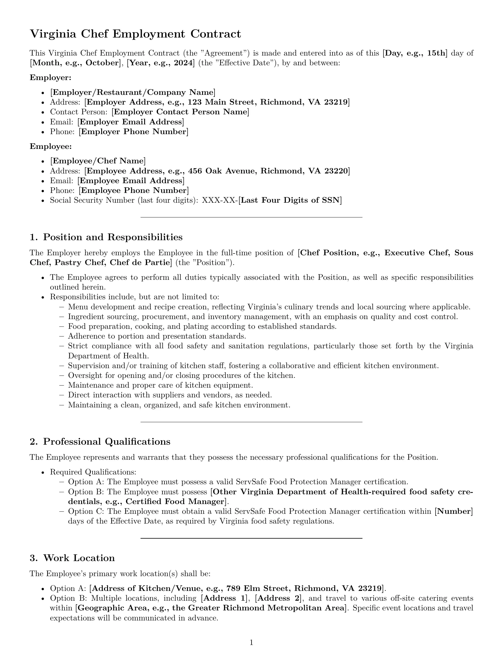 Preview page 1 of Pro Virginia chef employment contract template