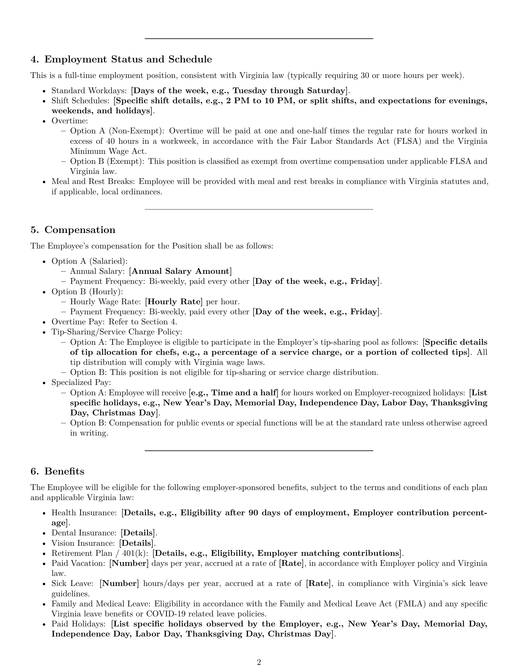 Preview page 2 of Pro Virginia chef employment contract template