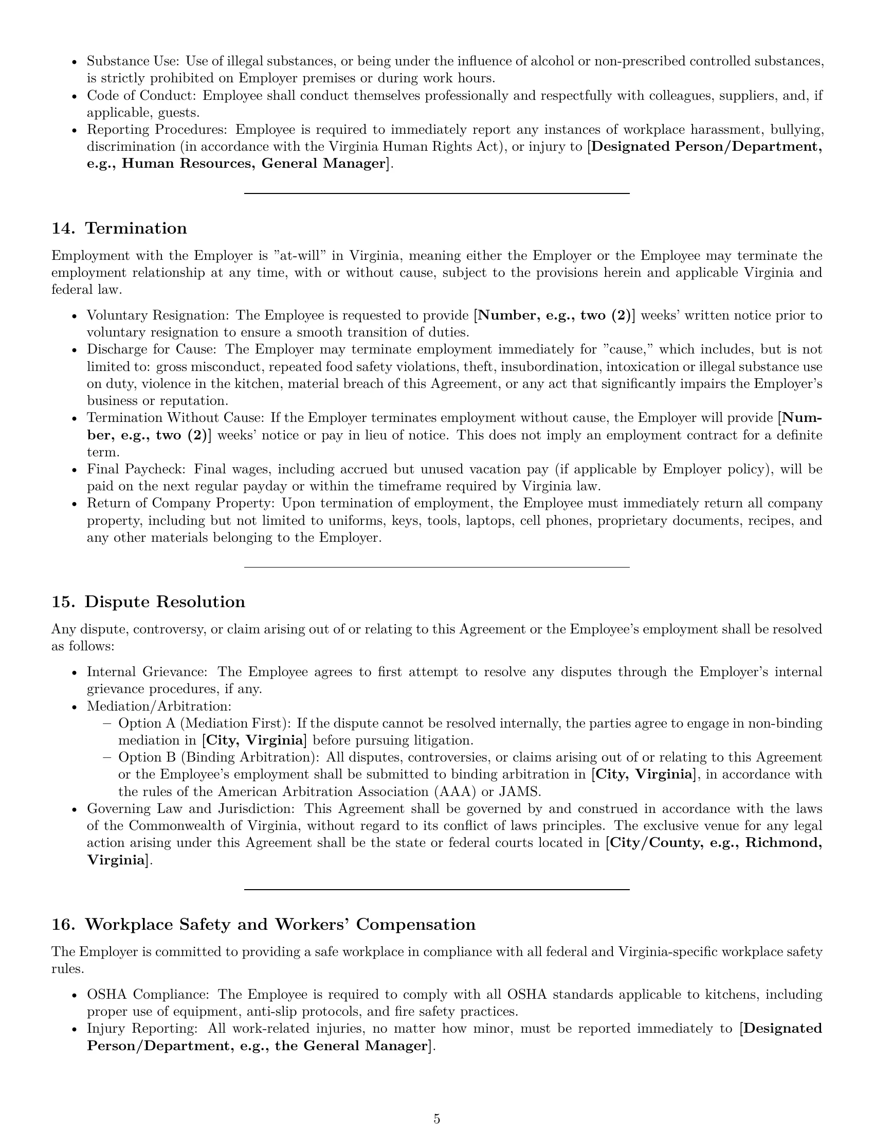 Preview page 5 of Pro Virginia chef employment contract template