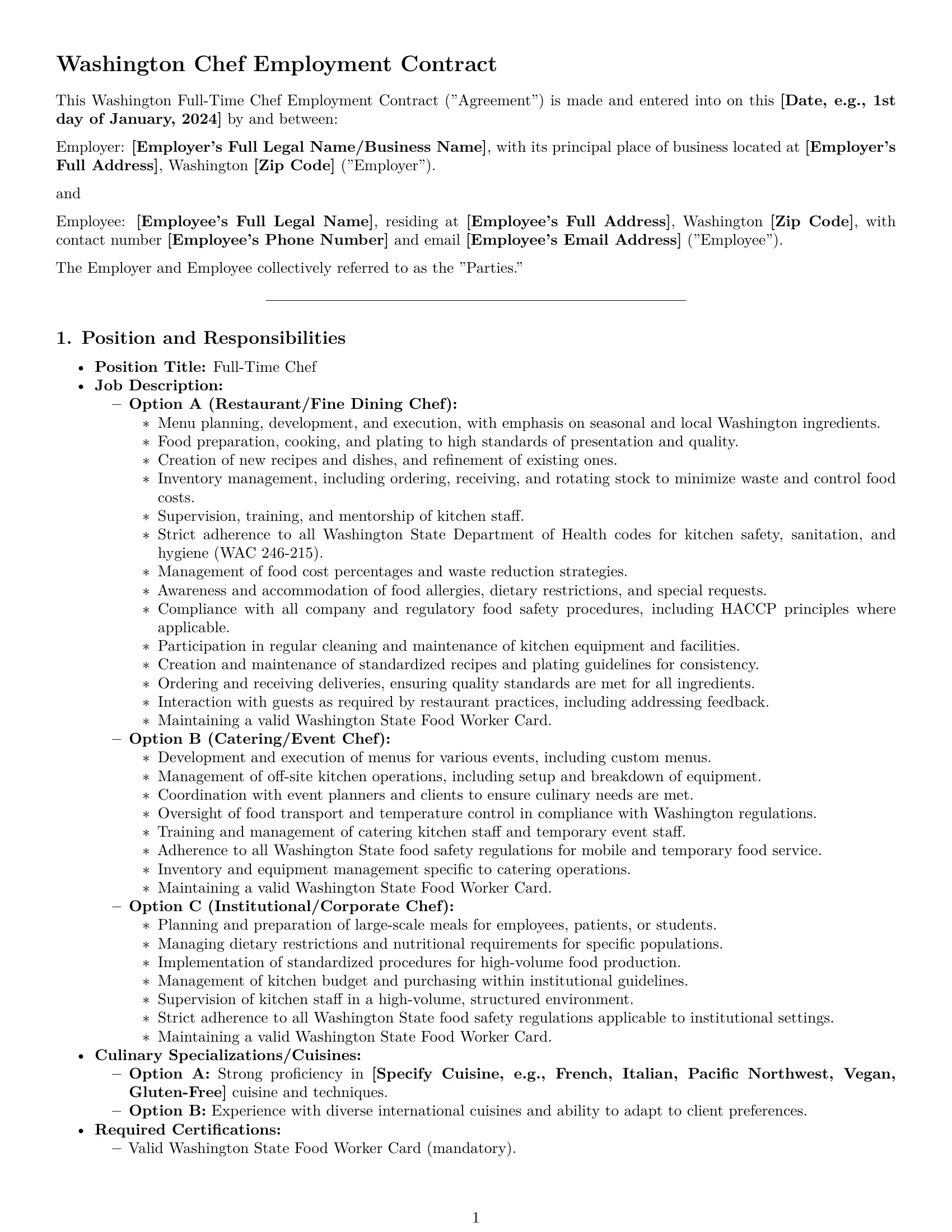 Preview page 1 of Pro Washington chef employment contract template