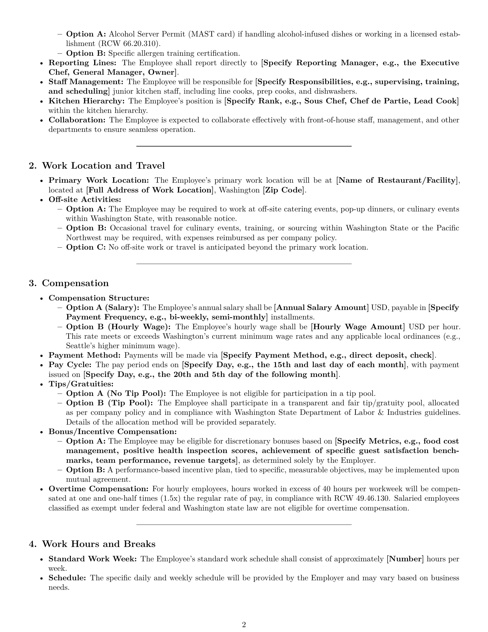 Preview page 2 of Pro Washington chef employment contract template
