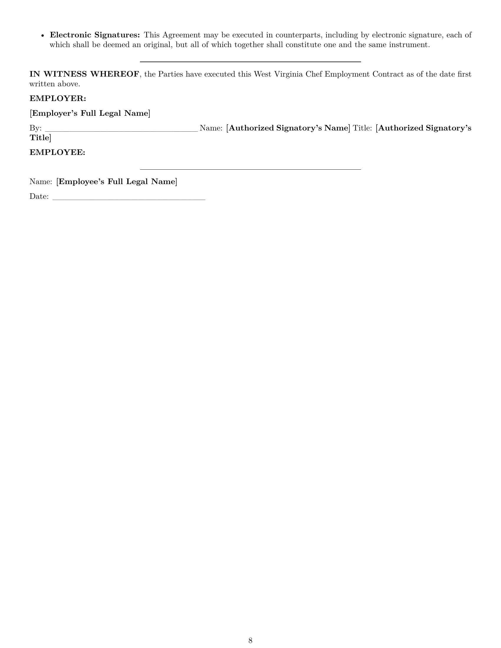 Preview page 8 of Pro West Virginia chef employment contract template