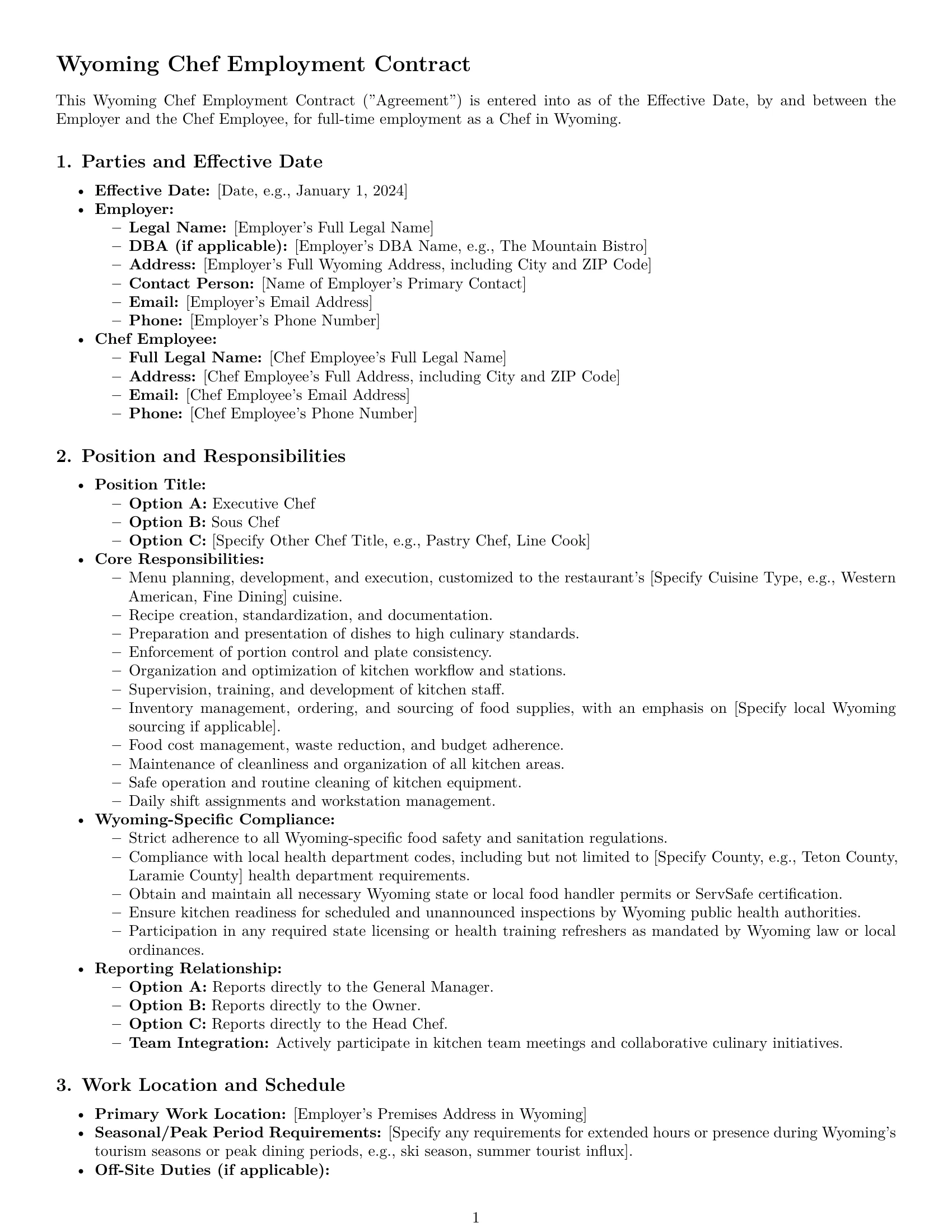 Preview page 1 of Pro Wyoming chef employment contract template