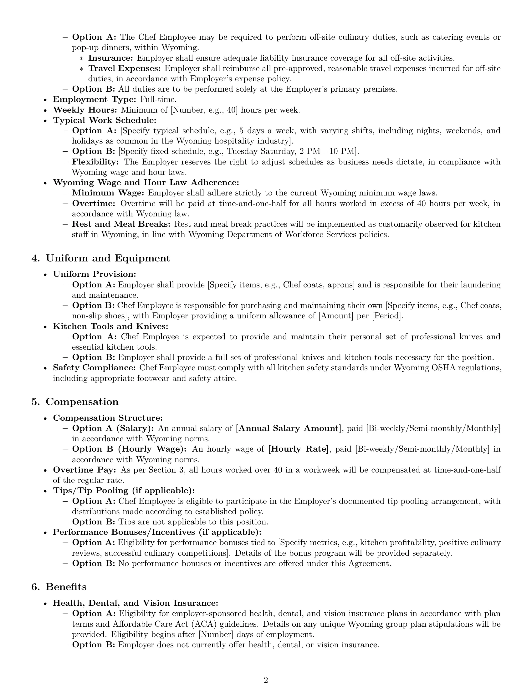 Preview page 2 of Pro Wyoming chef employment contract template