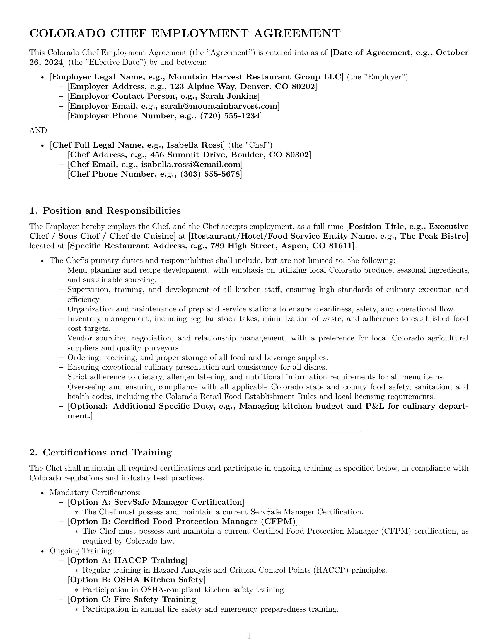 Preview page 1 of Pro Colorado chef employment contract template