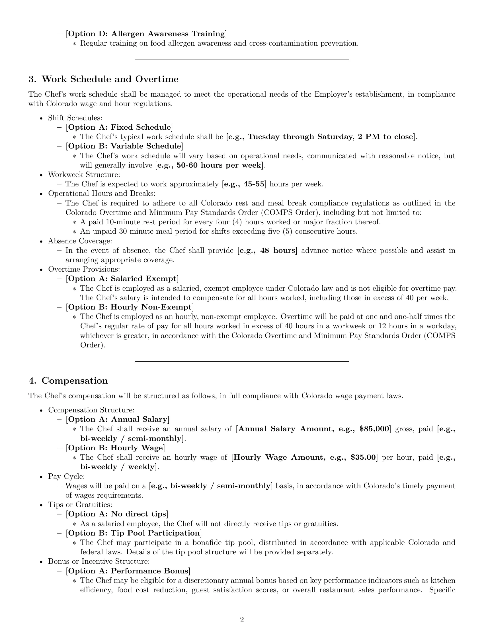 Preview page 2 of Pro Colorado chef employment contract template