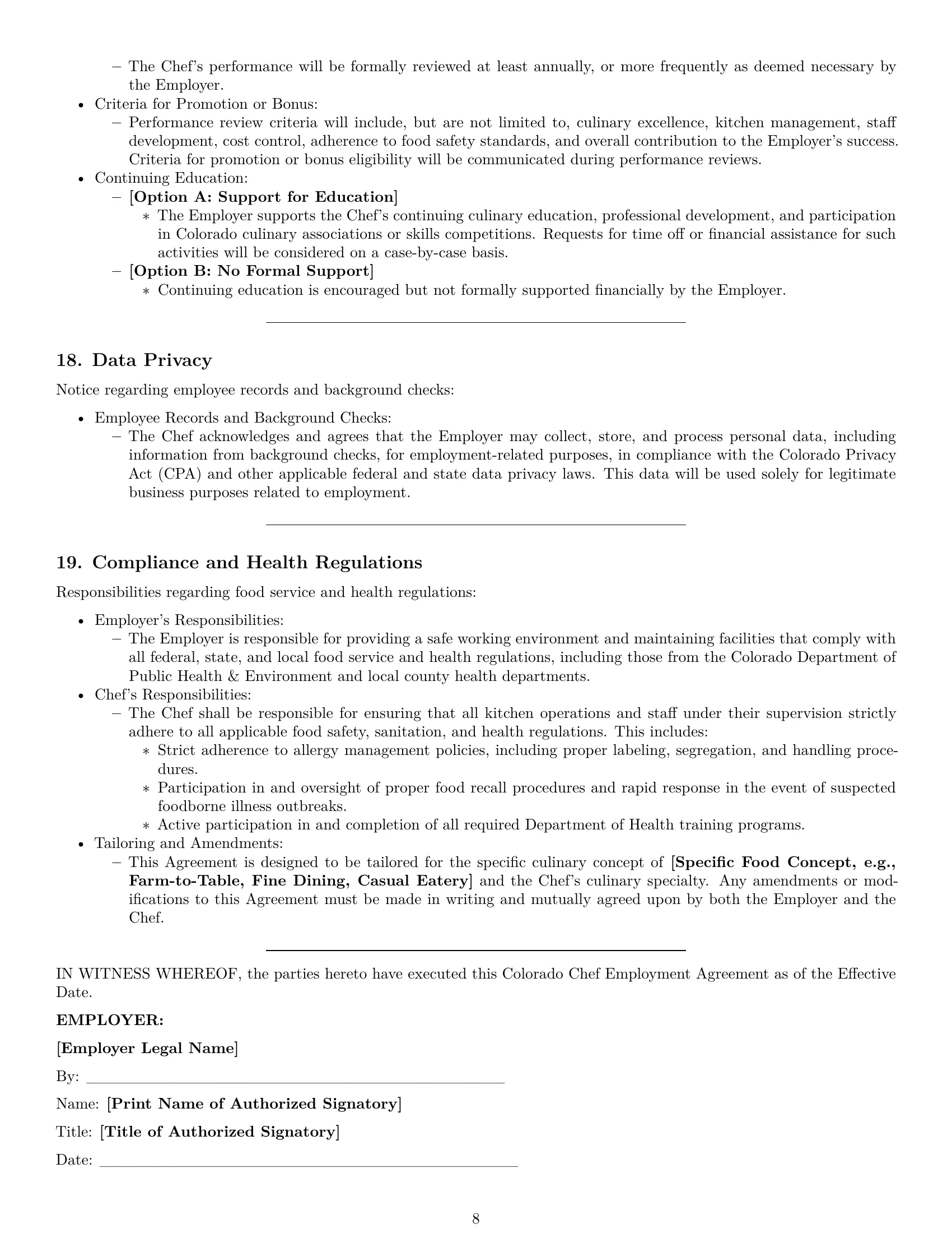 Preview page 8 of Pro Colorado chef employment contract template