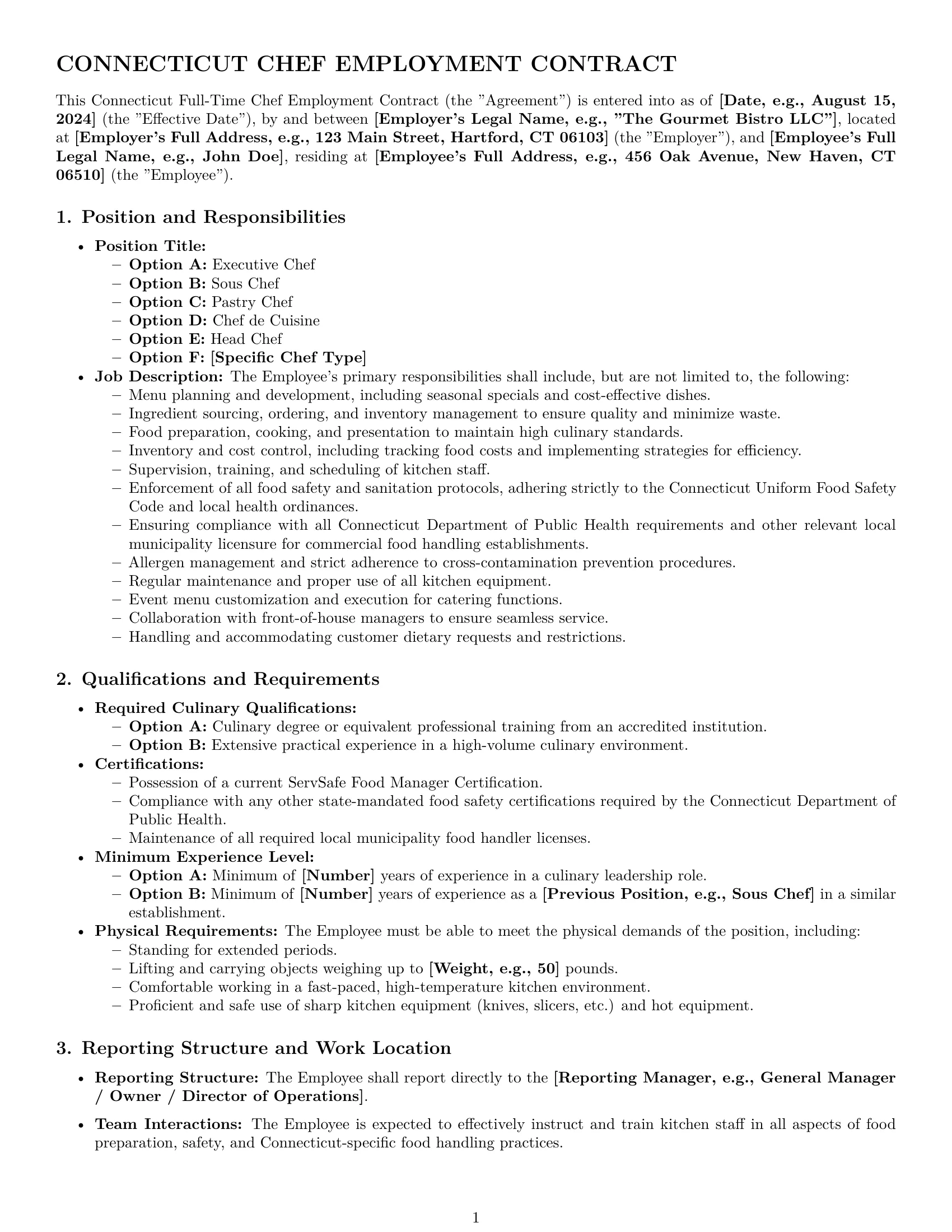 Preview page 1 of Pro Connecticut chef employment contract template