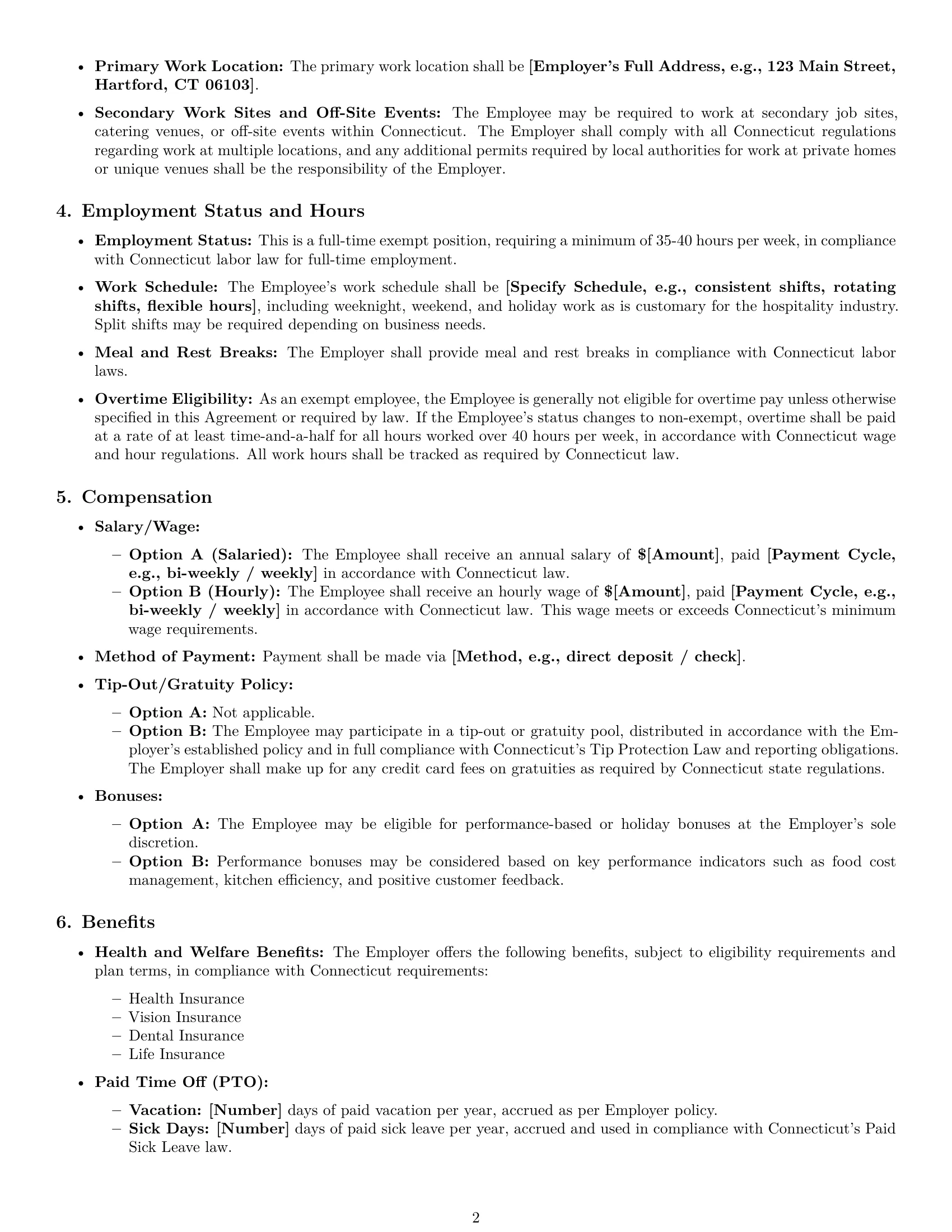 Preview page 2 of Pro Connecticut chef employment contract template