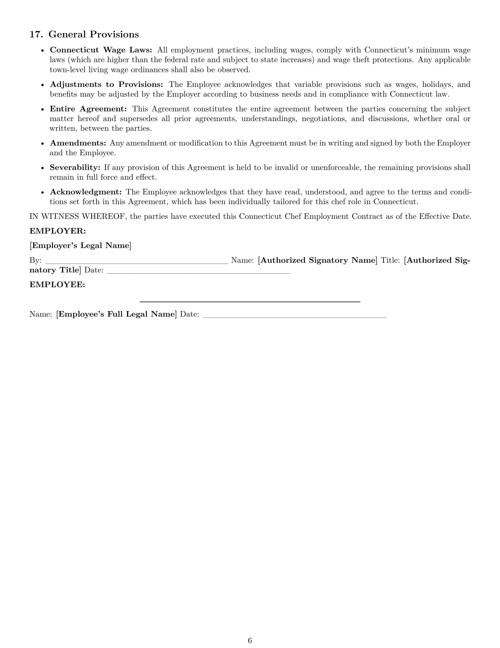 Preview page 6 of Pro Connecticut chef employment contract template