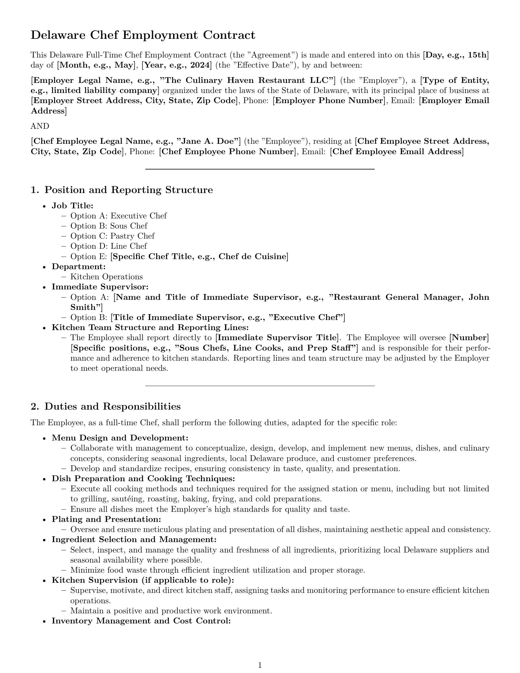 Preview page 1 of Pro Delaware chef employment contract template