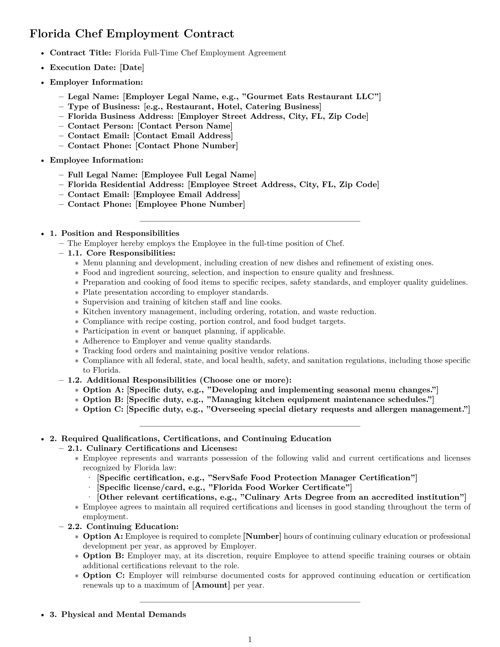 Preview page 1 of Pro Florida chef employment contract template