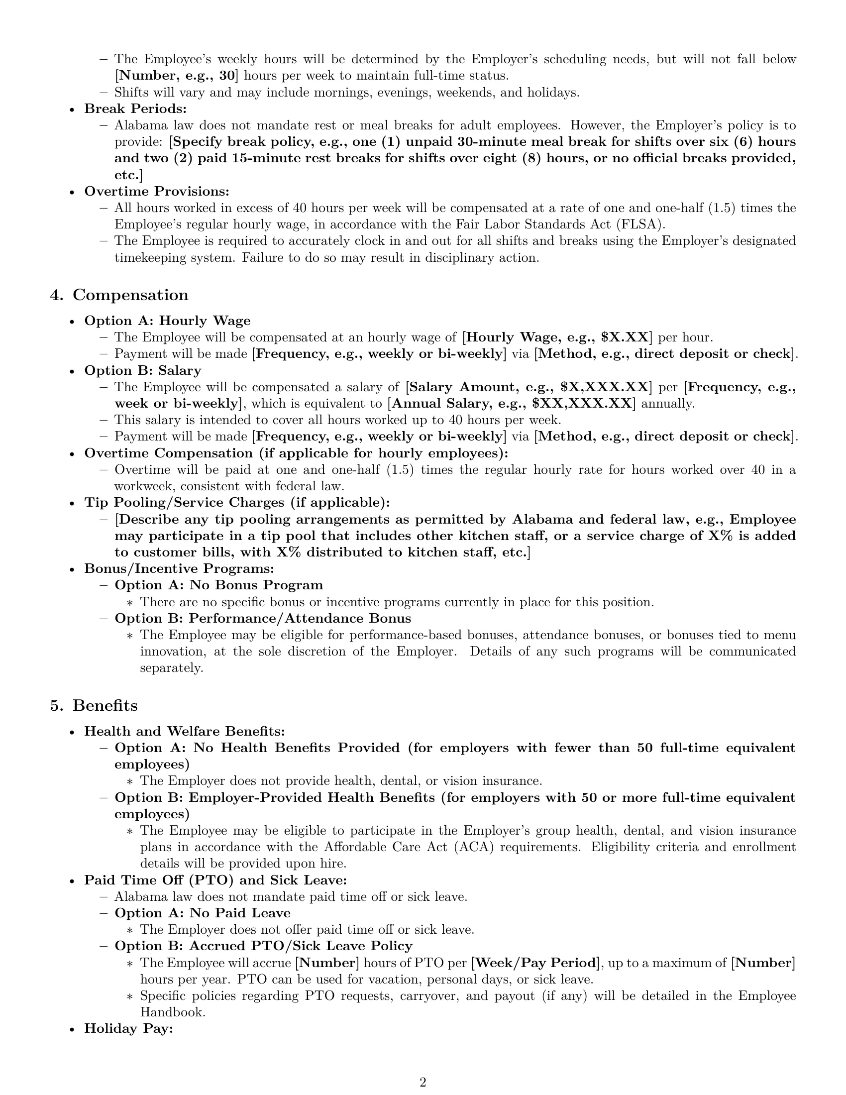 Preview page 2 of Pro Alabama cook employment contract template