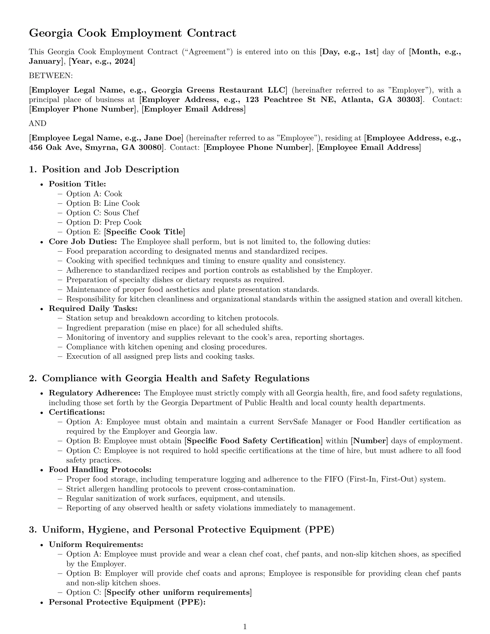 Preview page 1 of Pro Georgia cook employment contract template