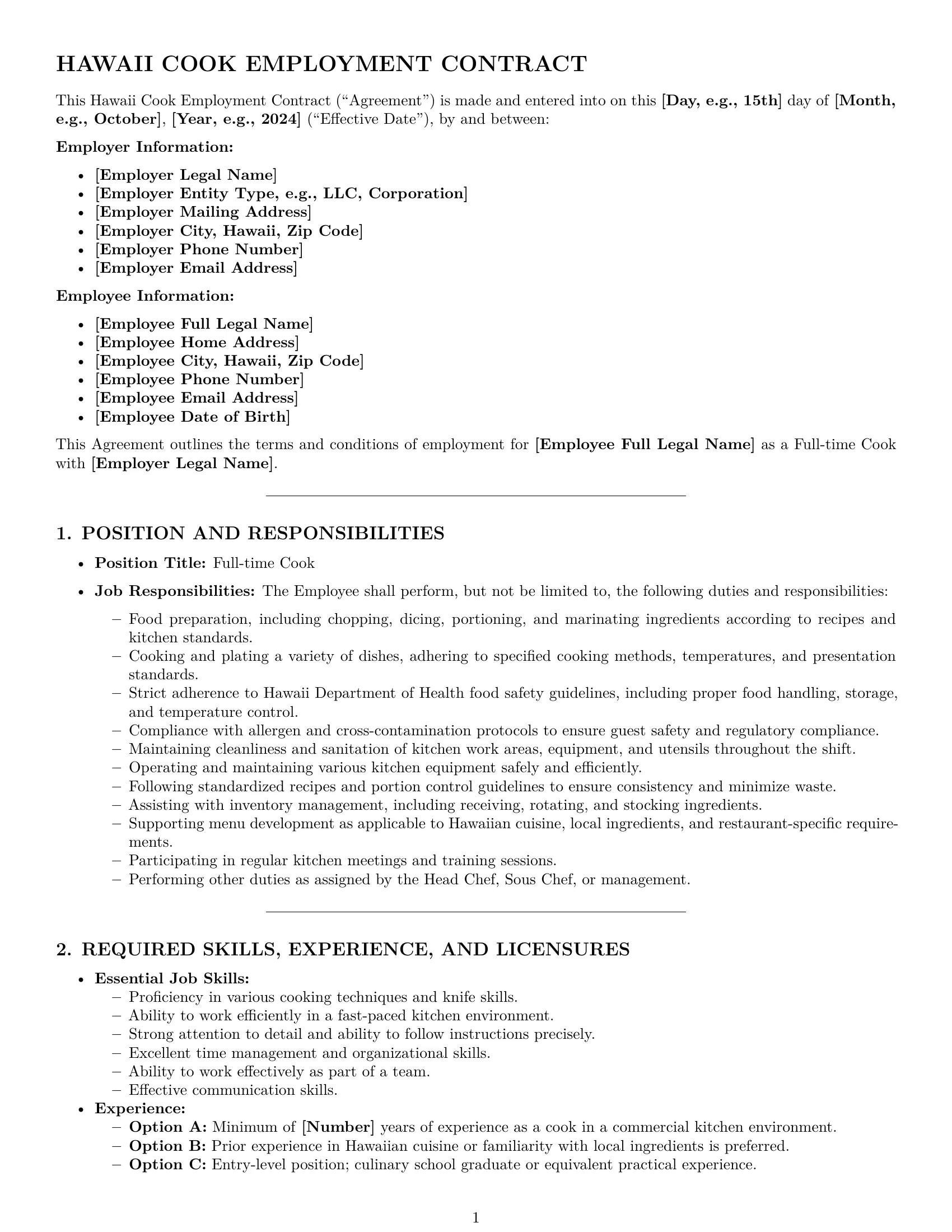 Preview page 1 of Pro Hawaii cook employment contract template