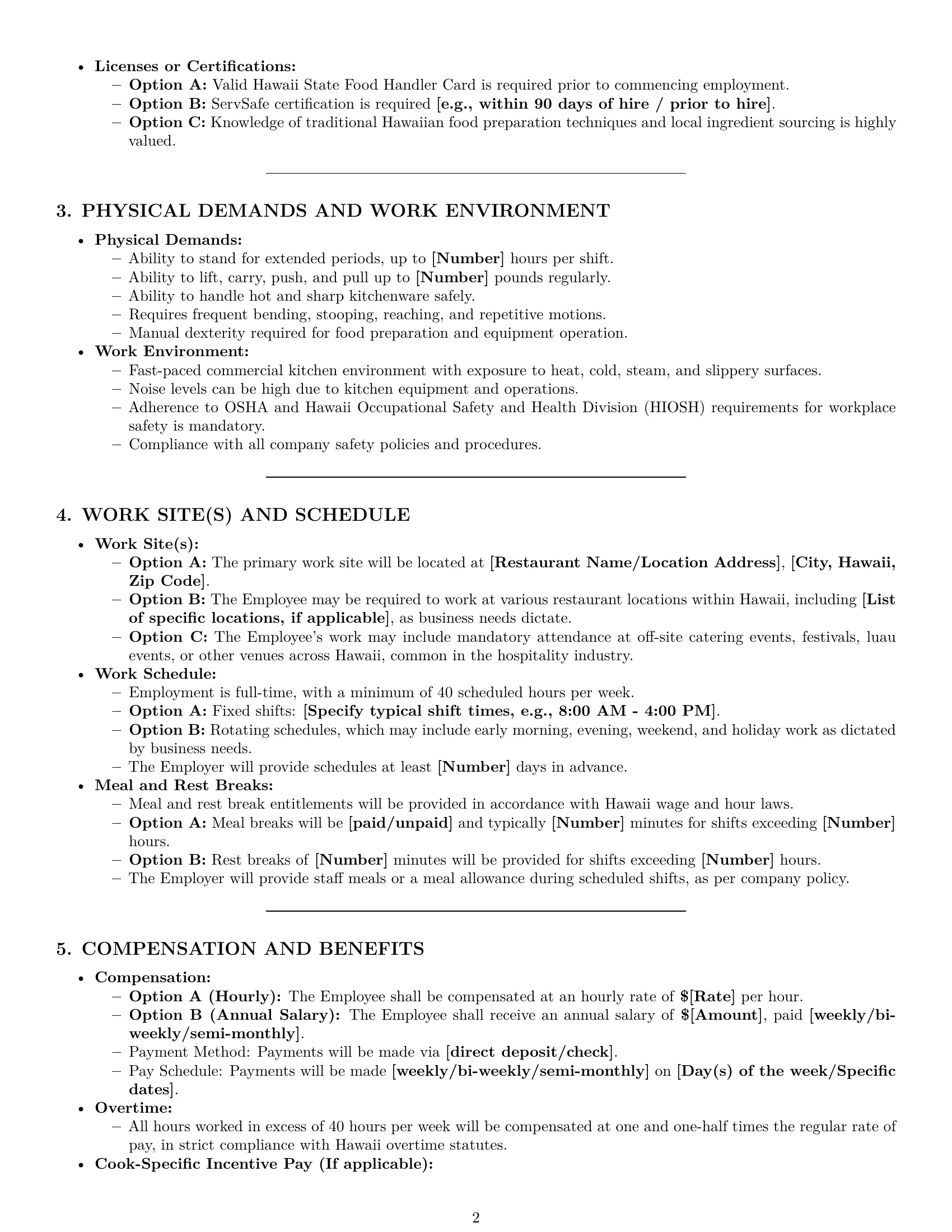 Preview page 2 of Pro Hawaii cook employment contract template