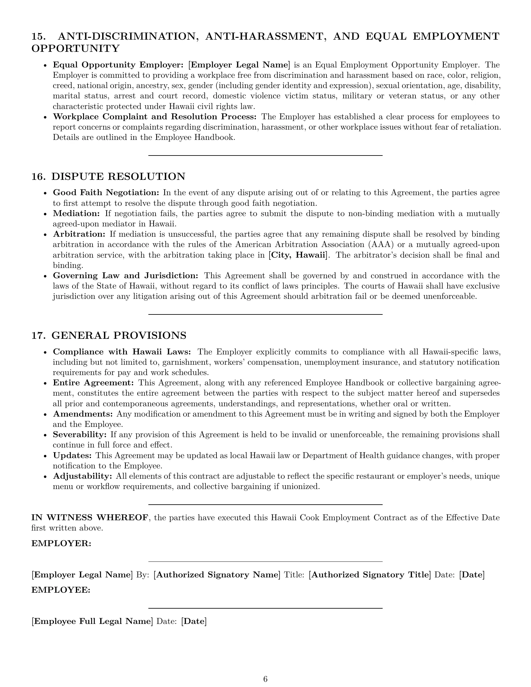Preview page 6 of Pro Hawaii cook employment contract template