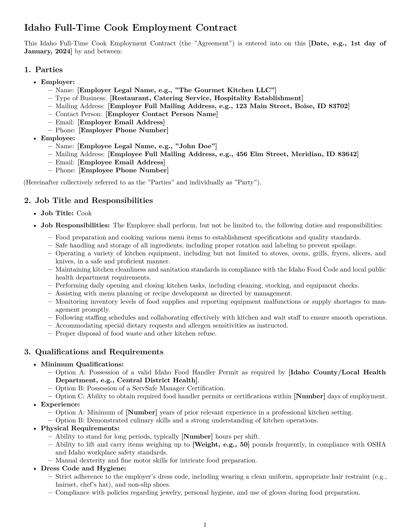 Preview page 1 of Pro Idaho cook employment contract template
