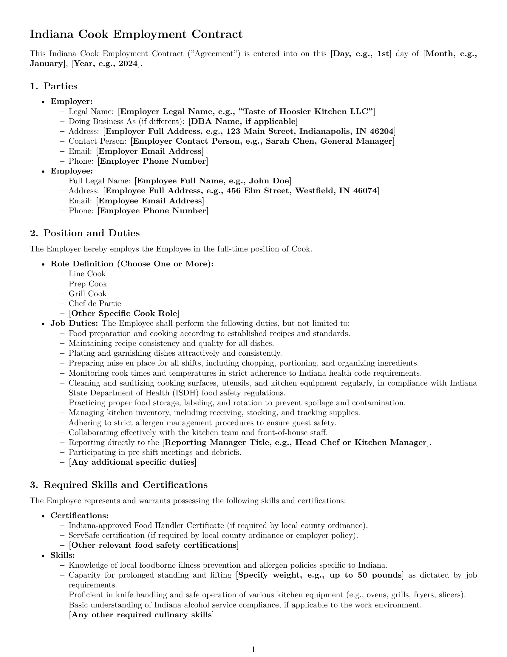 Preview page 1 of Pro Indiana cook employment contract template