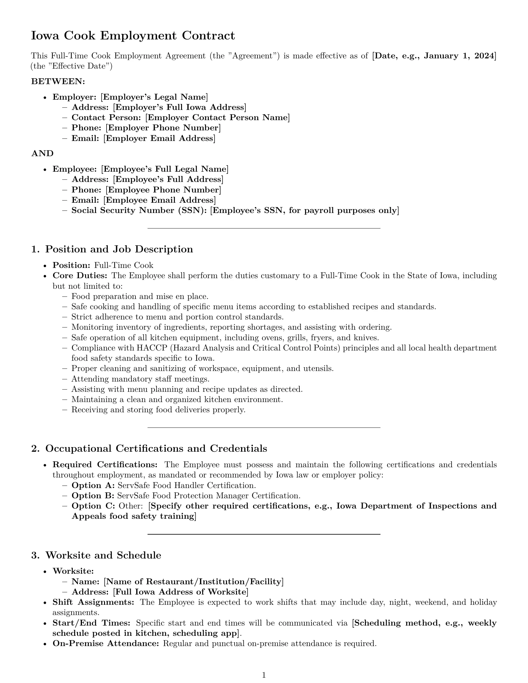 Preview page 1 of Pro Iowa cook employment contract template