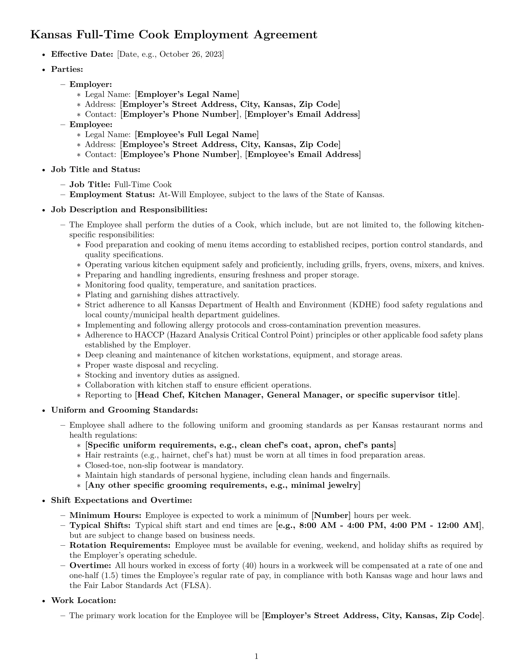 Preview page 1 of Pro Kansas cook employment contract template