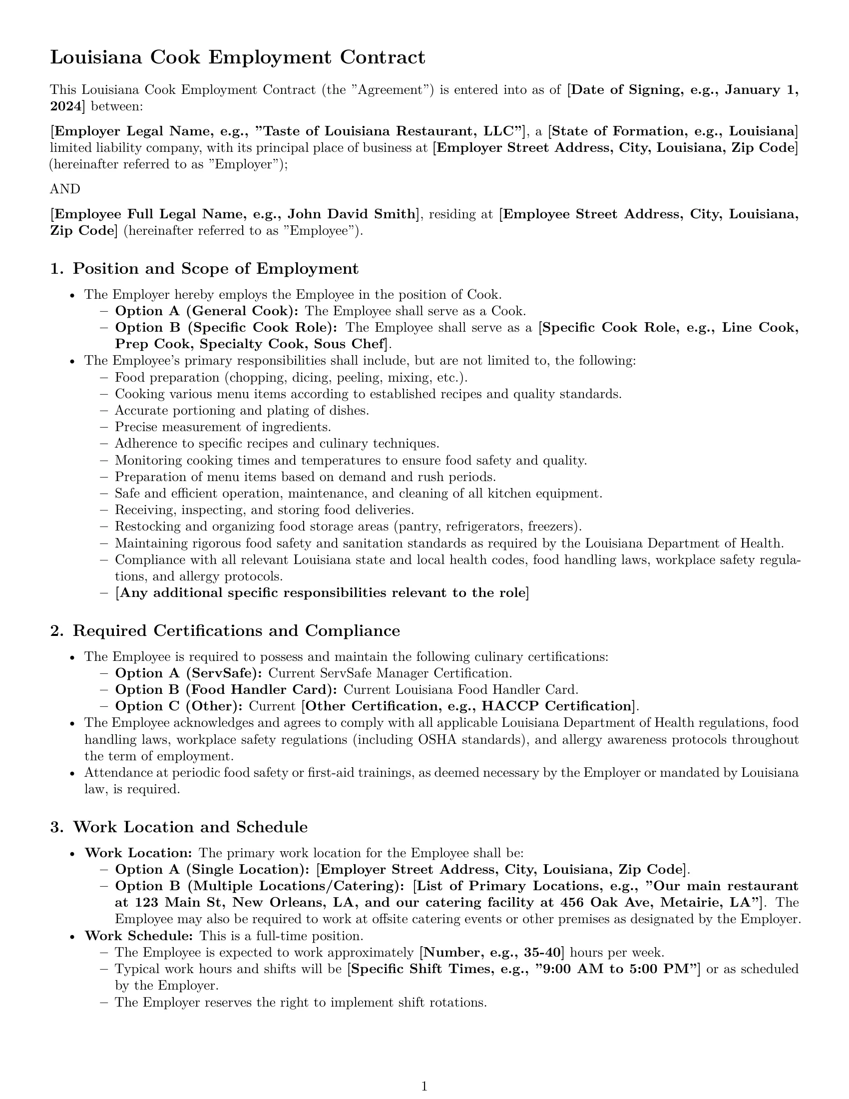 Preview page 1 of Pro Louisiana cook employment contract template