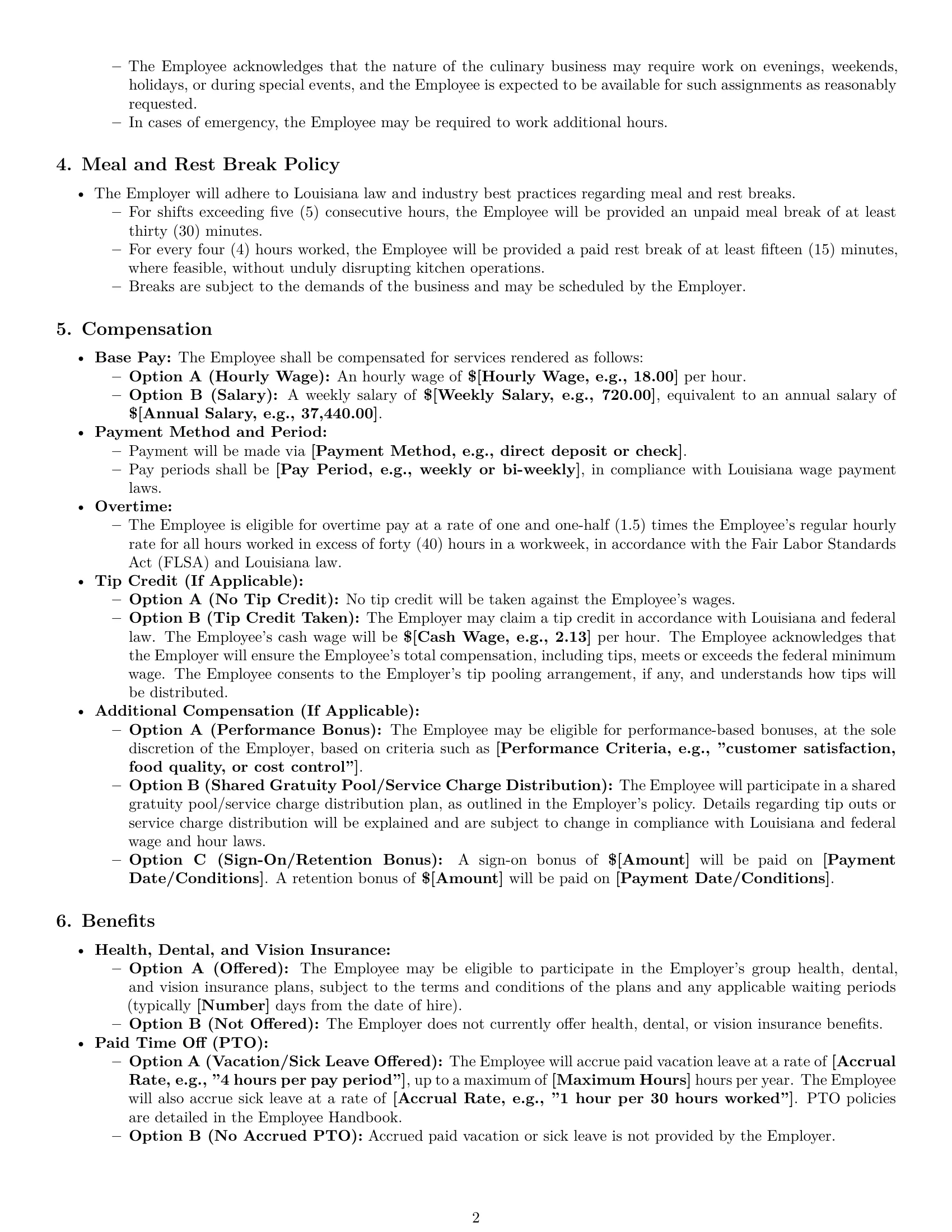 Preview page 2 of Pro Louisiana cook employment contract template