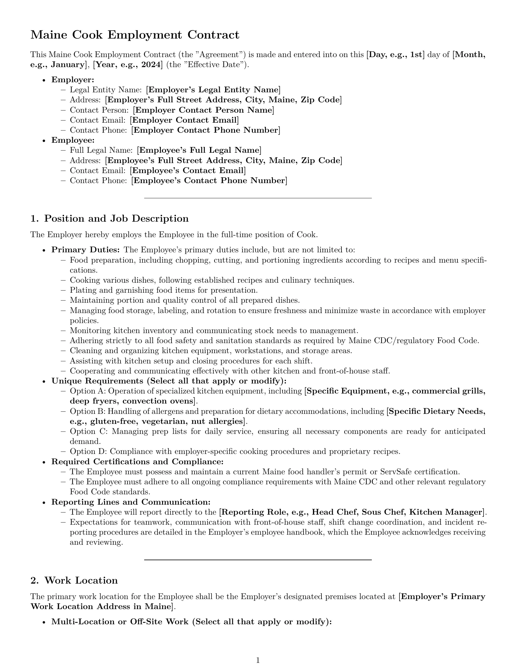 Preview page 1 of Pro Maine cook employment contract template