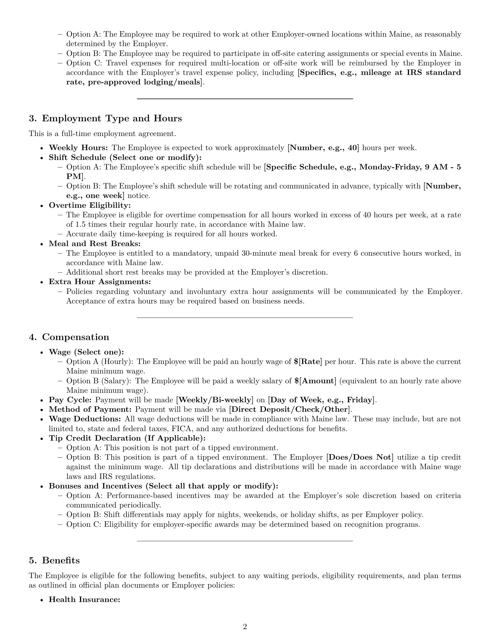 Preview page 2 of Pro Maine cook employment contract template