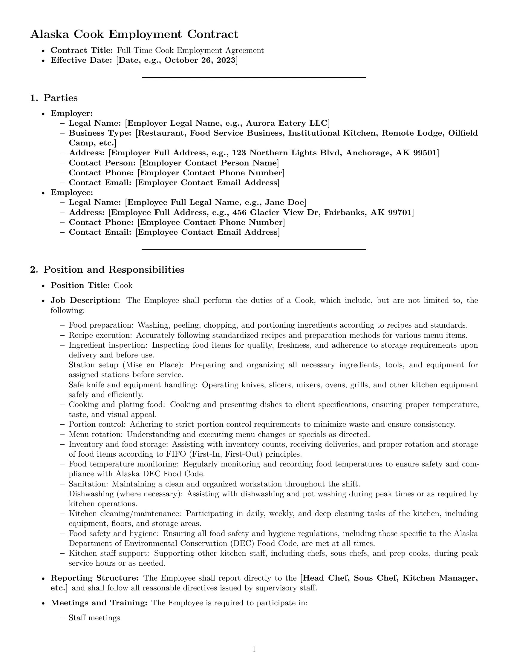Preview page 1 of Pro Alaska cook employment contract template