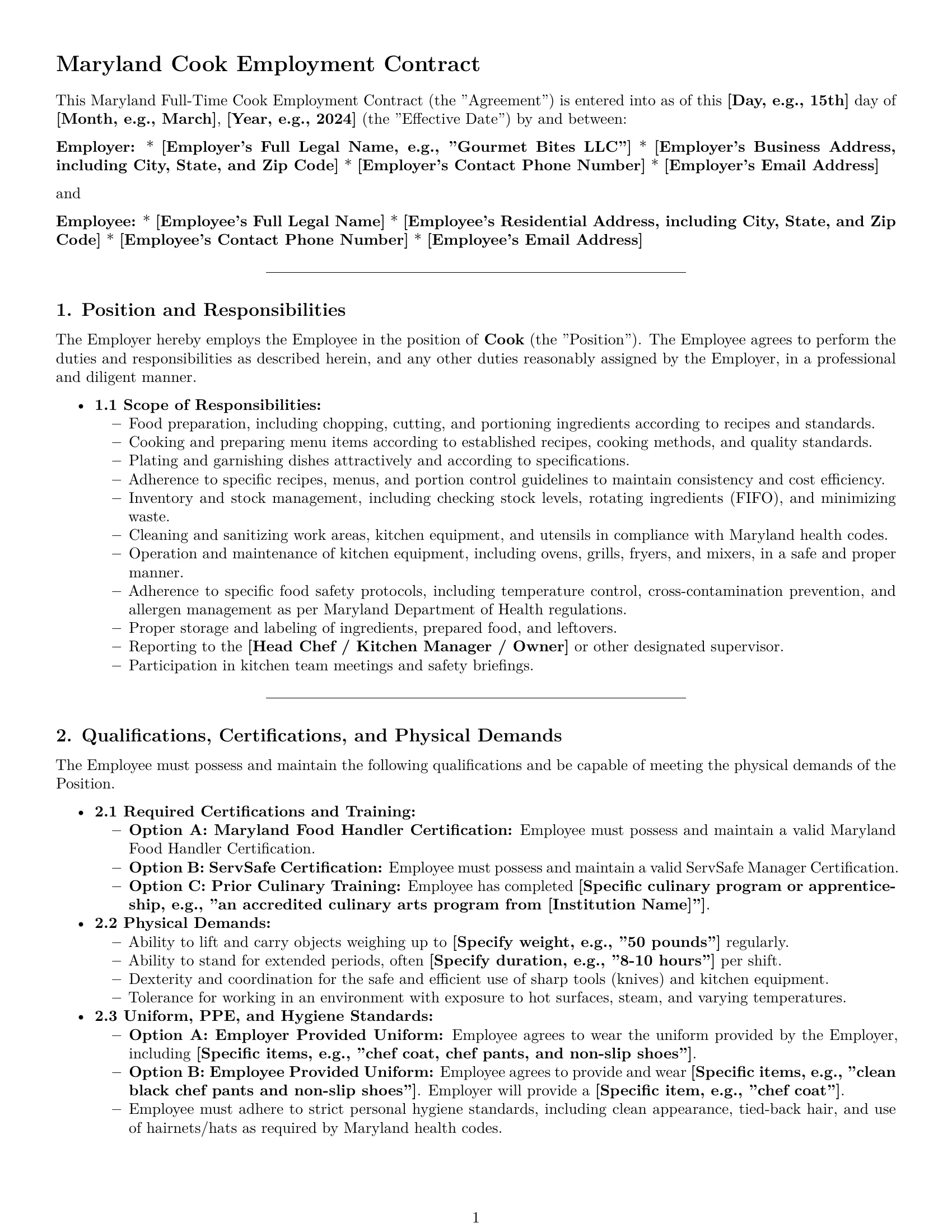 Preview page 1 of Pro Maryland cook employment contract template