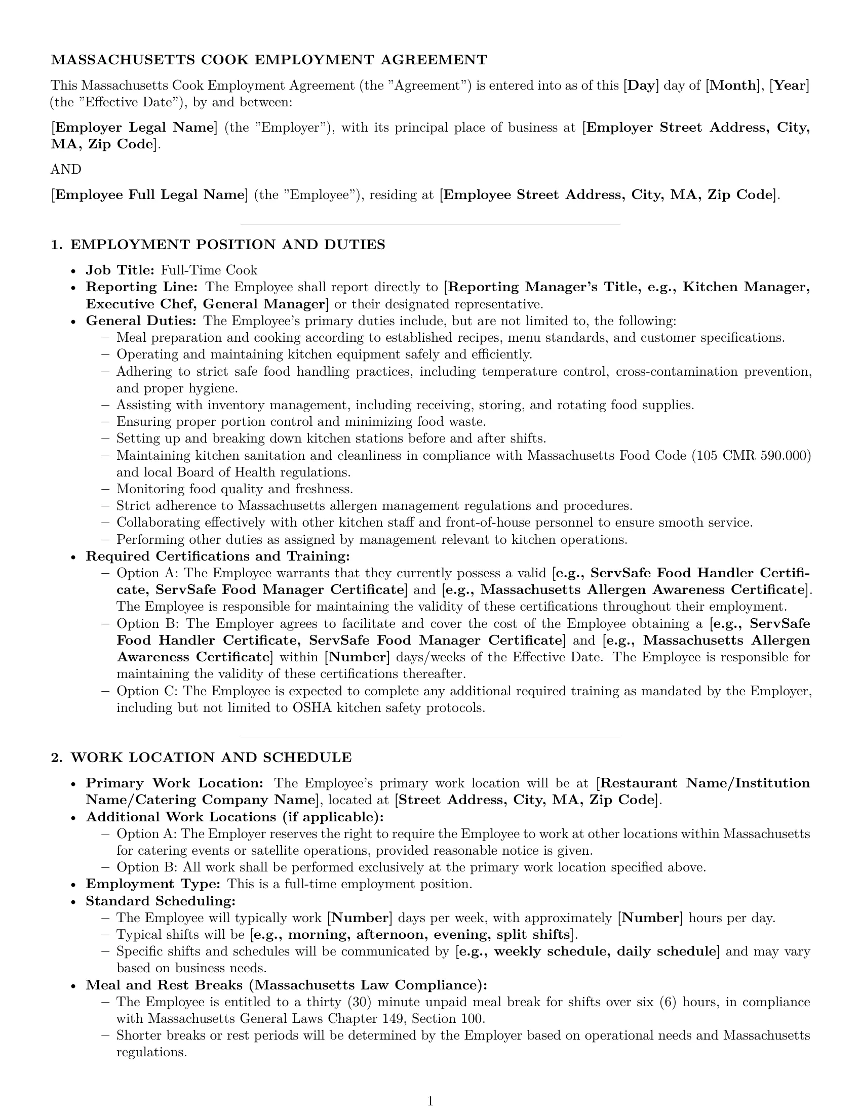 Preview page 1 of Pro Massachusetts cook employment contract template