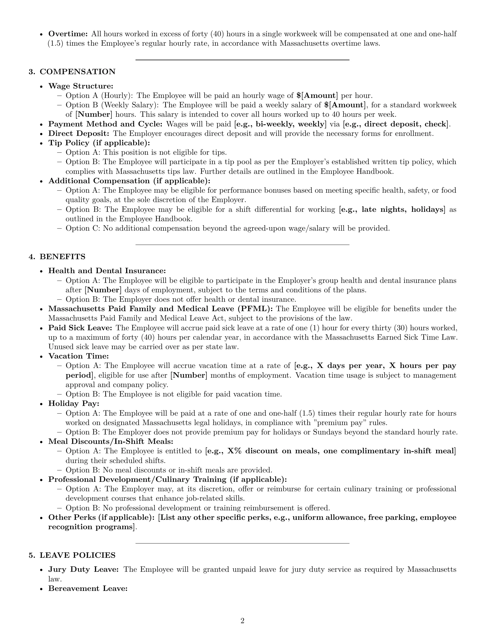 Preview page 2 of Pro Massachusetts cook employment contract template
