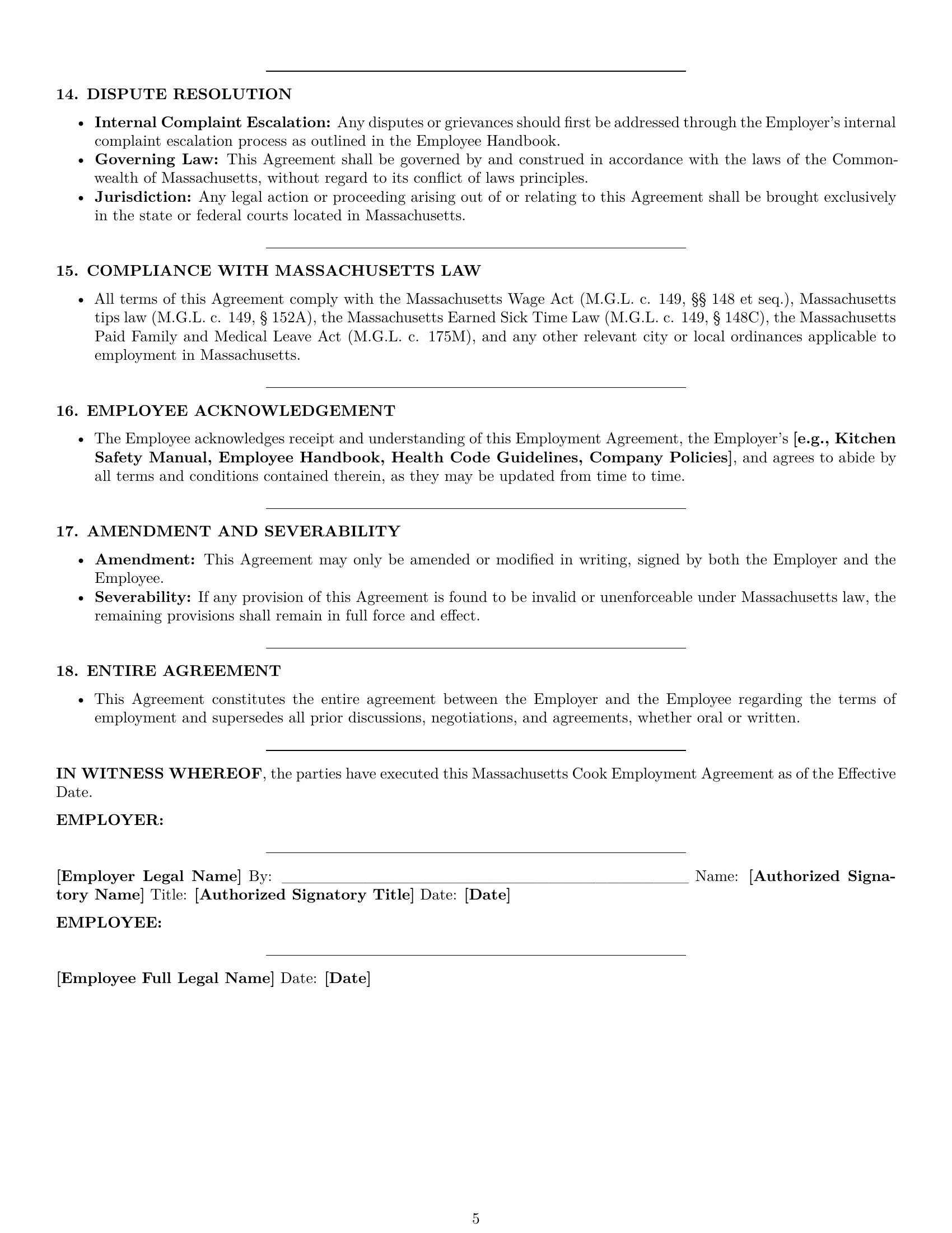 Preview page 5 of Pro Massachusetts cook employment contract template