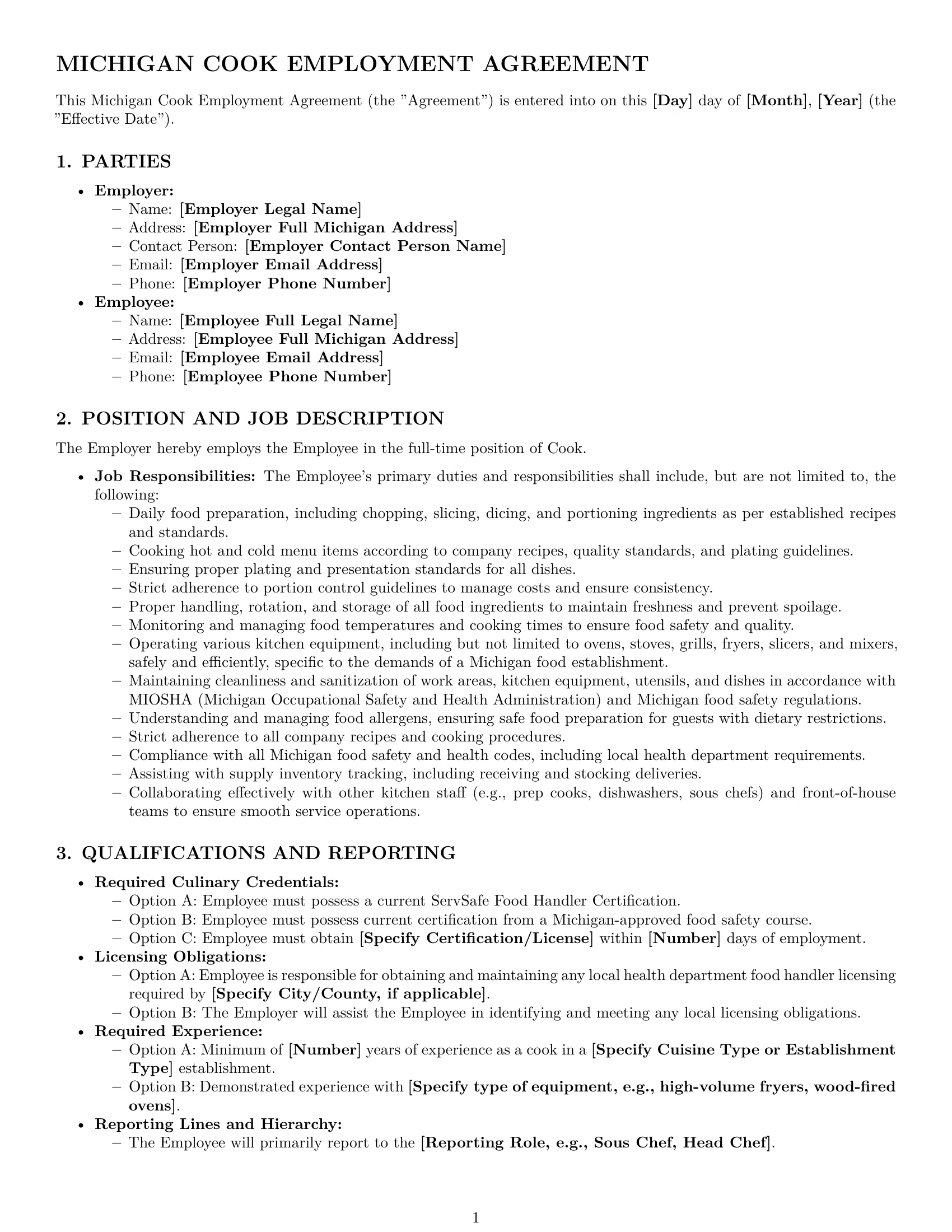 Preview page 1 of Pro Michigan cook employment contract template
