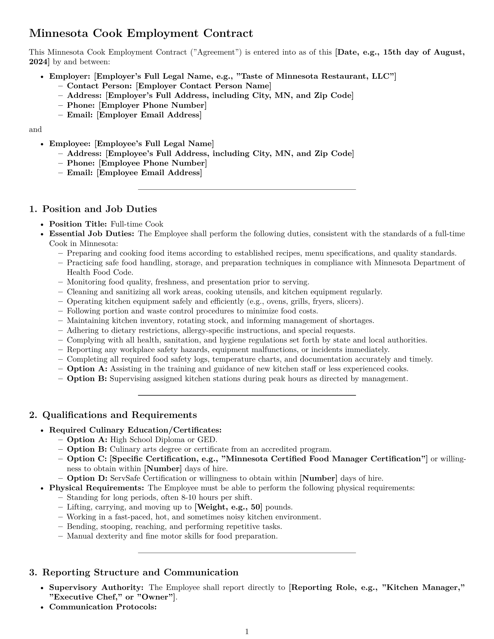 Preview page 1 of Pro Minnesota cook employment contract template