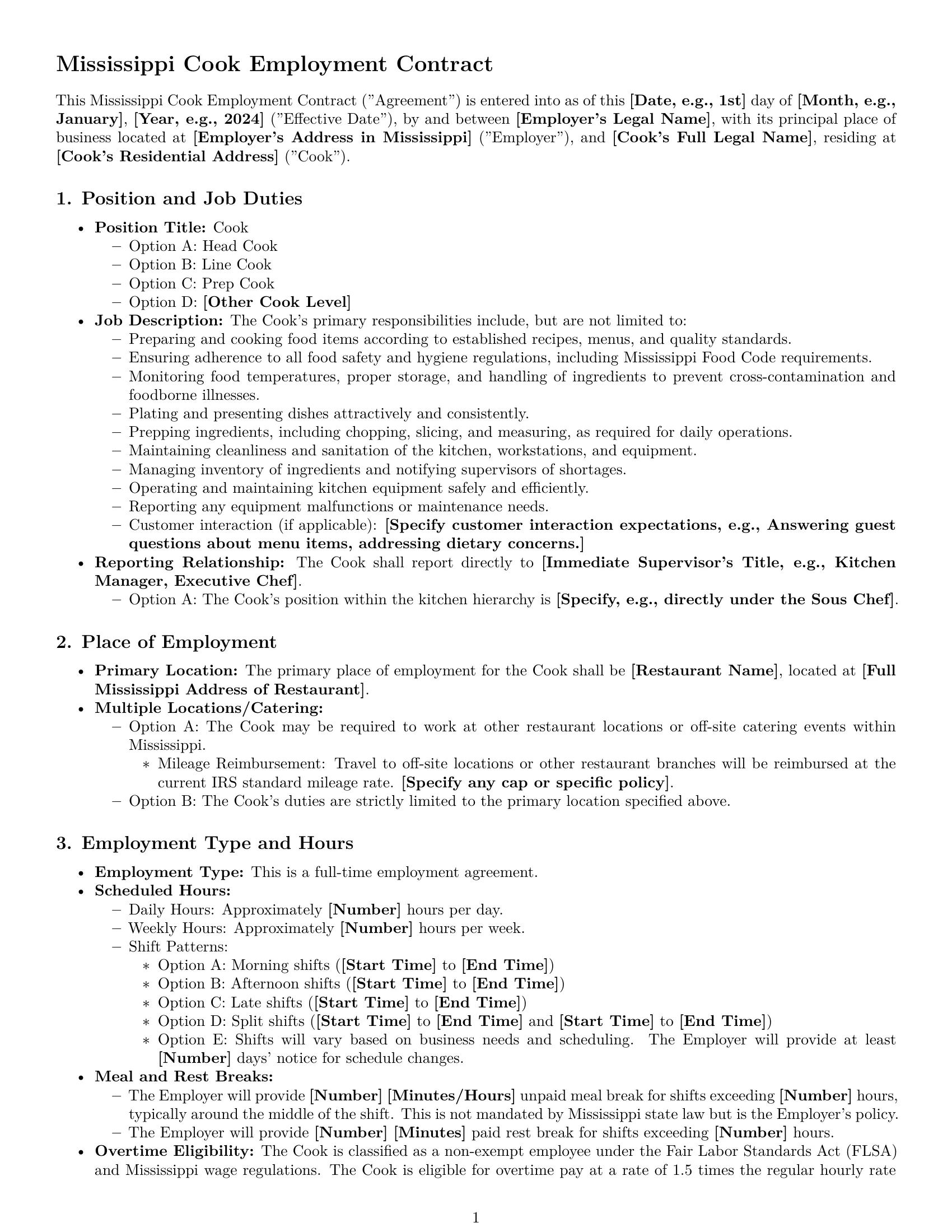 Preview page 1 of Pro Mississippi cook employment contract template