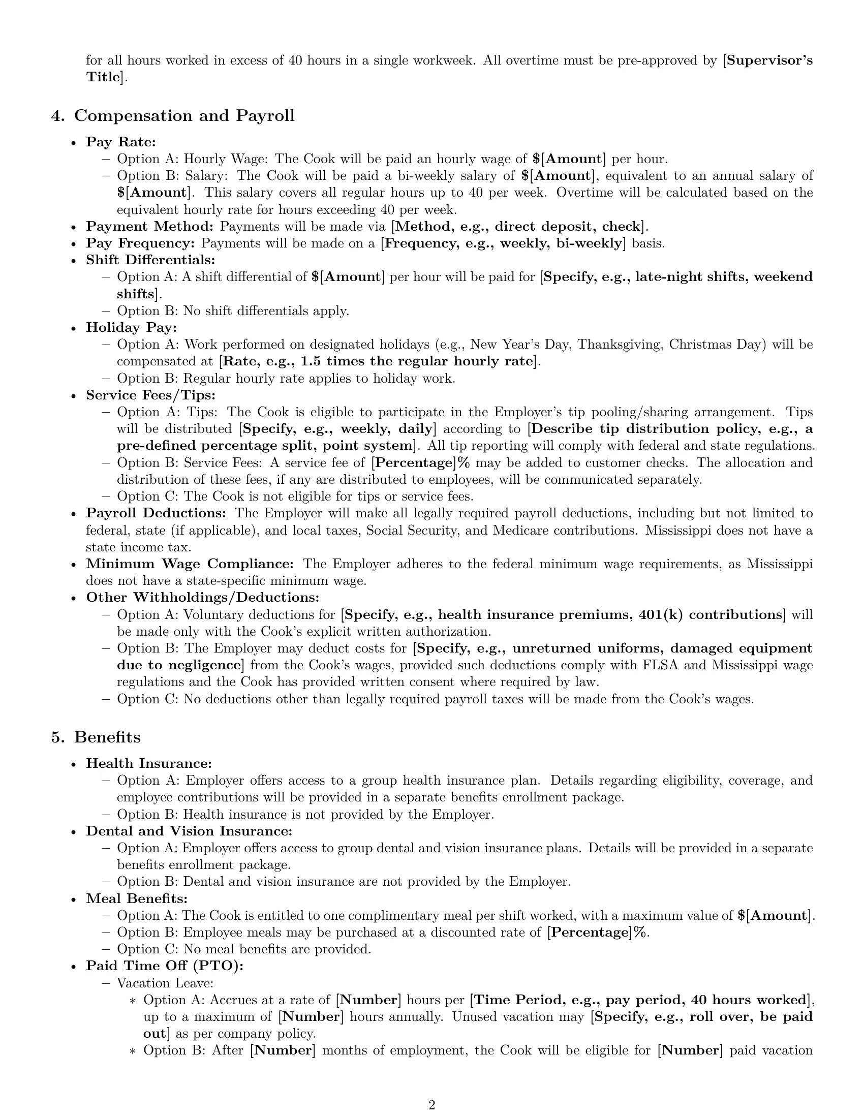 Preview page 2 of Pro Mississippi cook employment contract template